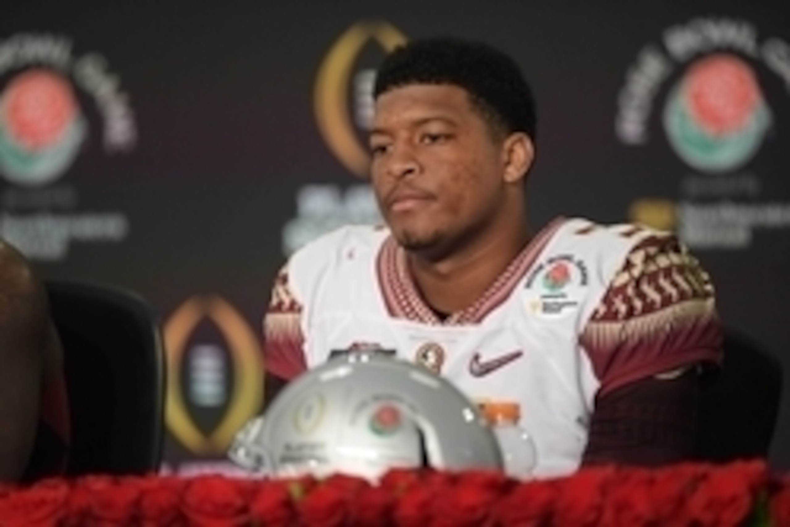 Jan 1, 2015; Pasadena, CA, USA; Florida State Seminoles quarterback Jameis Winston (5) during the post-game press conference after the 2015 Rose Bowl college football game at Rose Bowl. Oregon Ducks defeated Florida State Seminoles 59-20. Mandatory Credit