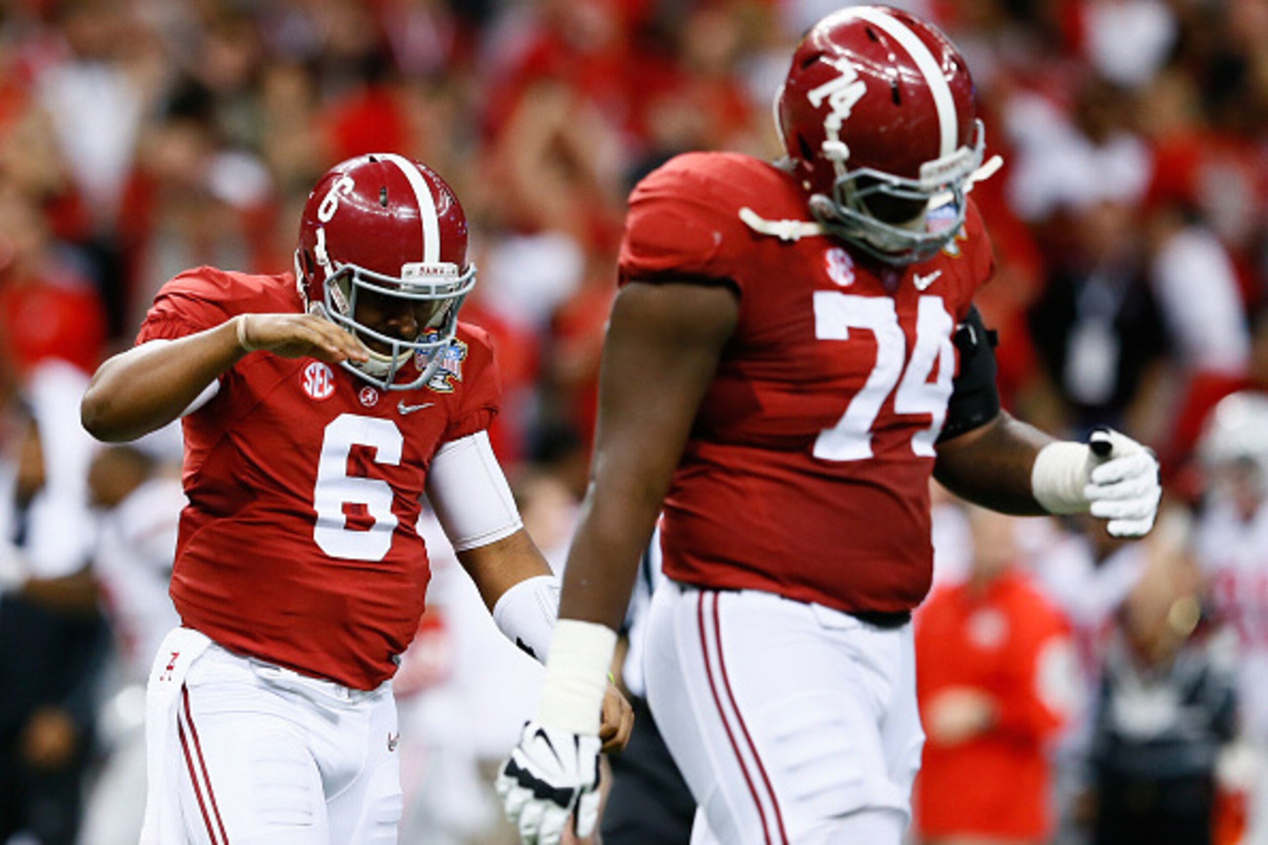 NEW ORLEANS, LA - JANUARY 01:  Blake Sims #6 of the Alabama Crimson Tide reacts after Vonn Bell #11 of the Ohio State Buckeyes intercepted the ball in the fourth quarter during the All State Sugar Bowl at the Mercedes-Benz Superdome on January 1, 2015 in 