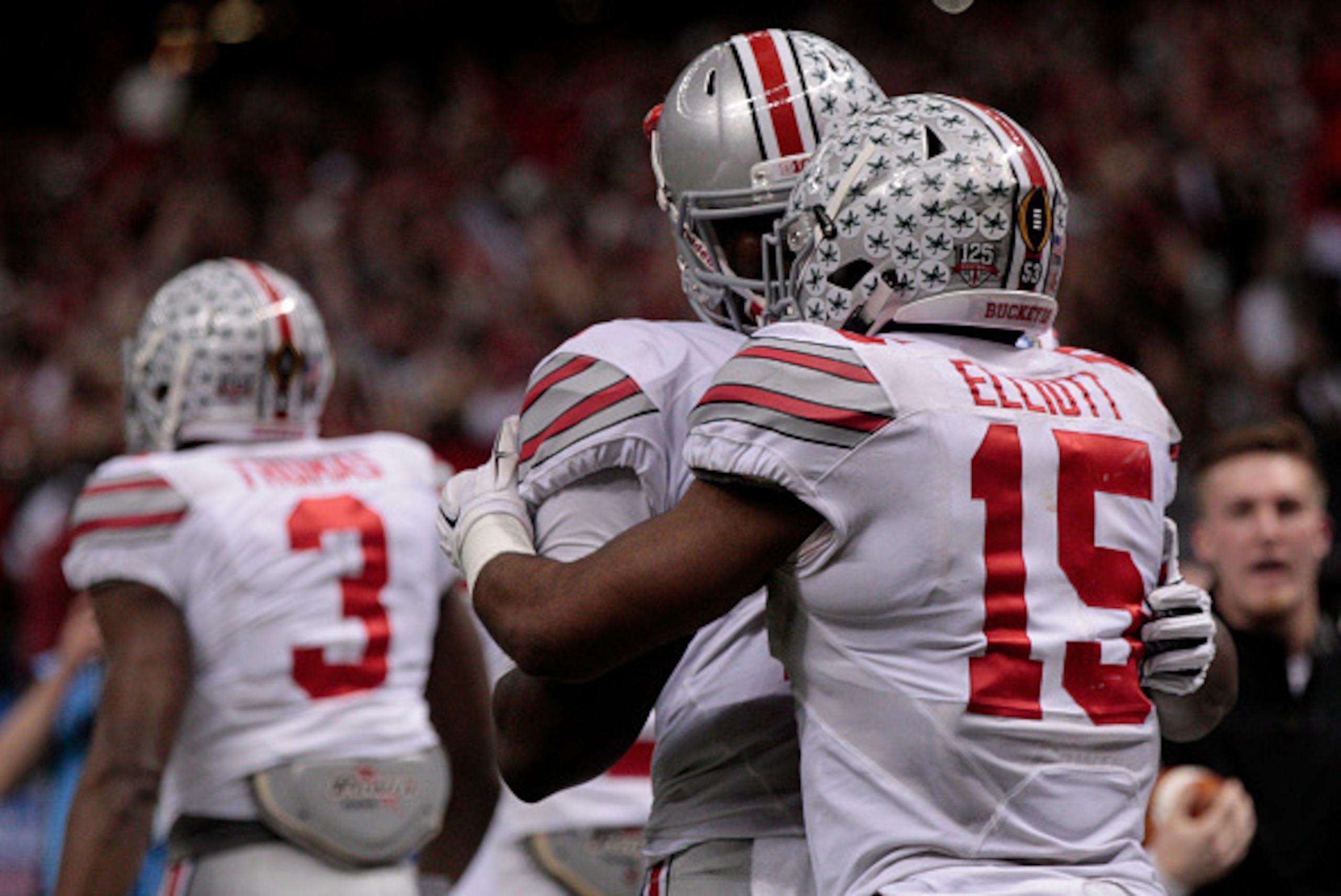NEW ORLEANS, LA - JANUARY 01:  Ezekiel Elliott #15 of the Ohio State Buckeyes celebrates after scoring a touchdown in the fourth quarter against the Alabama Crimson Tide during the All State Sugar Bowl at the Mercedes-Benz Superdome on January 1, 2015 in 