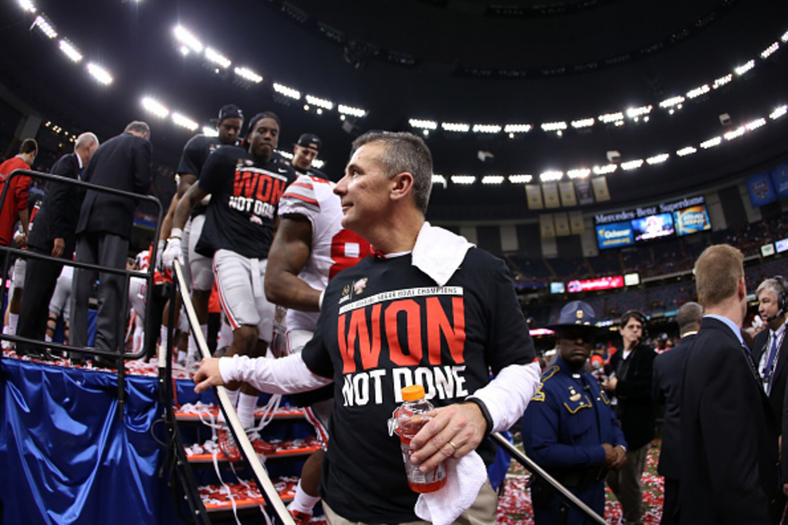 NEW ORLEANS, LA - JANUARY 01: Head coach Urban Meyer of the Ohio State Buckeyes celebrates after defeating the Alabama Crimson Tide in the All State Sugar Bowl at the Mercedes-Benz Superdome on January 1, 2015 in New Orleans, Louisiana. The Ohio State B NEW ORLEANS, LA - JANUARY 01: Head coach Urban Meyer of the Ohio State Buckeyes celebrates after defeating the Alabama Crimson Tide in the All State Sugar Bowl at the Mercedes-Benz Superdome on January 1, 2015 in New Orleans, Louisiana. The Ohio State B