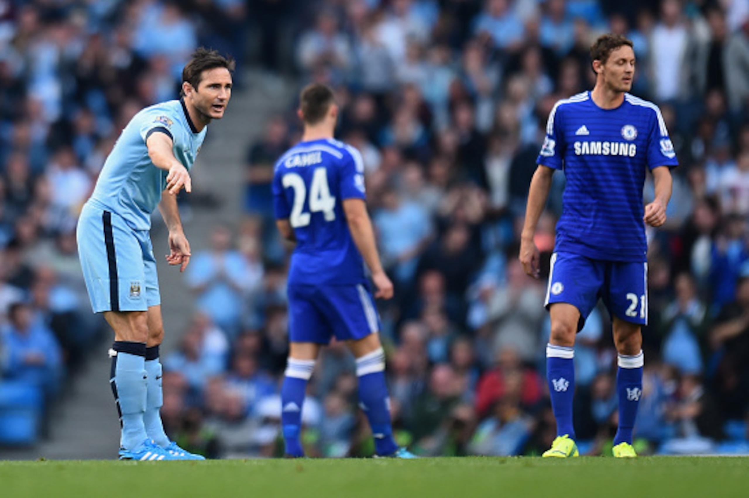 MANCHESTER, ENGLAND - SEPTEMBER 21:  Frank Lampard of Manchester City gestures after coming on as a substitute during the Barclays Premier League match between Manchester City and Chelsea at the Etihad Stadium on September 21, 2014 in Manchester, England.