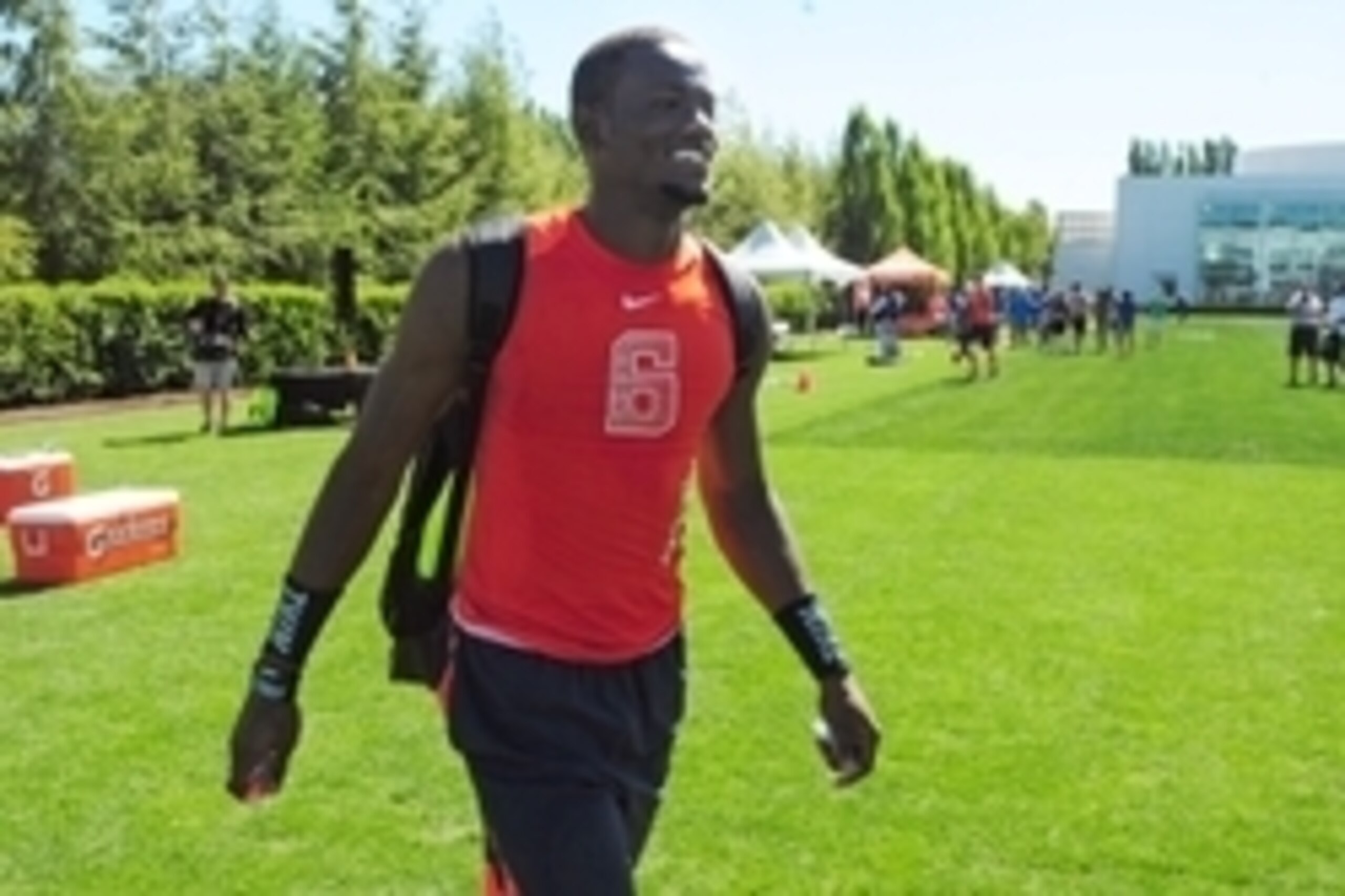 Jul 9, 2014; Beaverton, OR, USA; Alpha Pro athlete Torrance Gibson (6) walks off the field during Nike Football ' The Opening' at Nike World Headquarters. Mandatory Credit: Steve Dykes-USA TODAY Sports