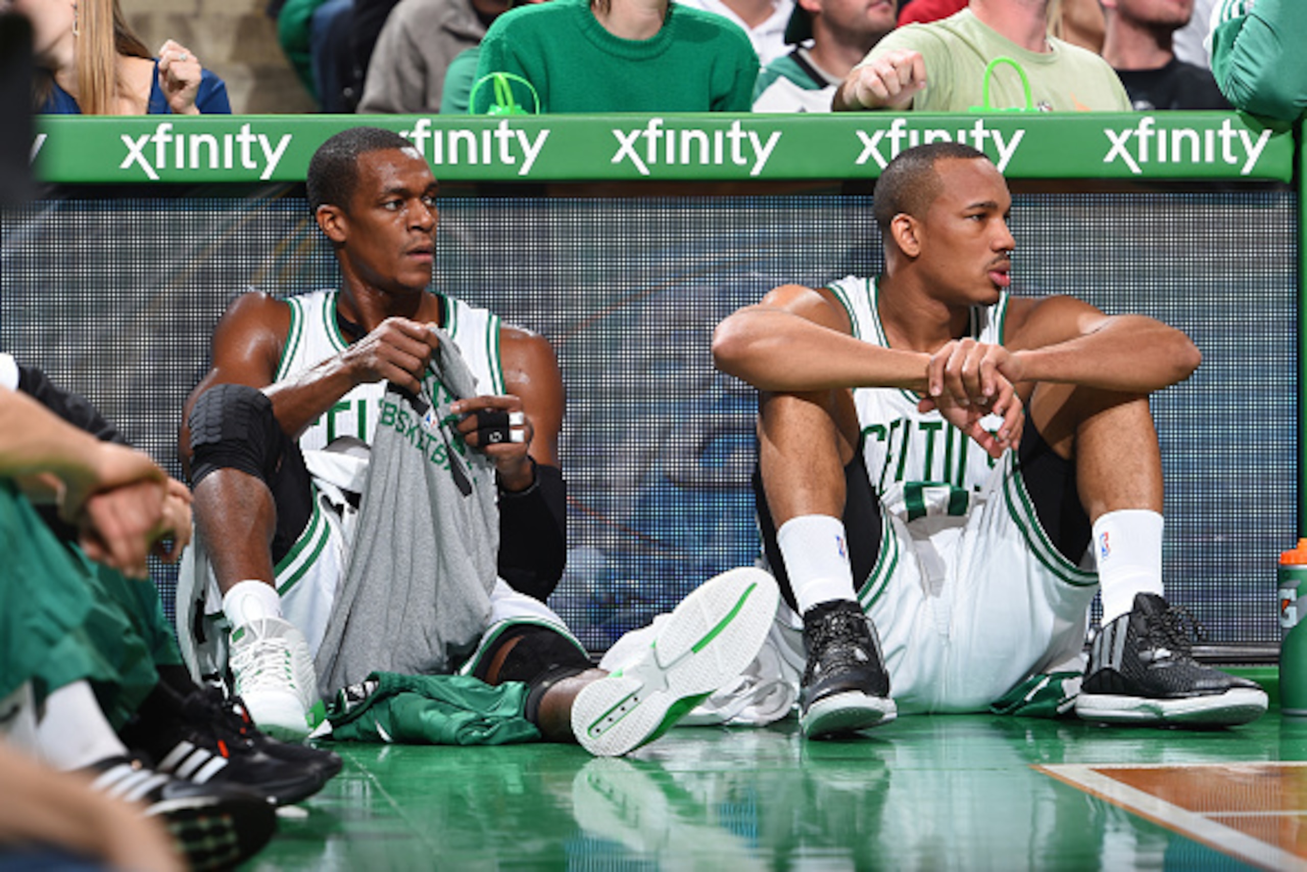 BOSTON, MA - NOVEMBER 17: Rajon Rondo #9 and Avery Bradley #0 of the Boston Celtics during the game on November 17, 2014 at TD Garden in Boston, Massachusetts. NOTE TO USER: User expressly acknowledges and agrees that, by downloading and or using this Pho