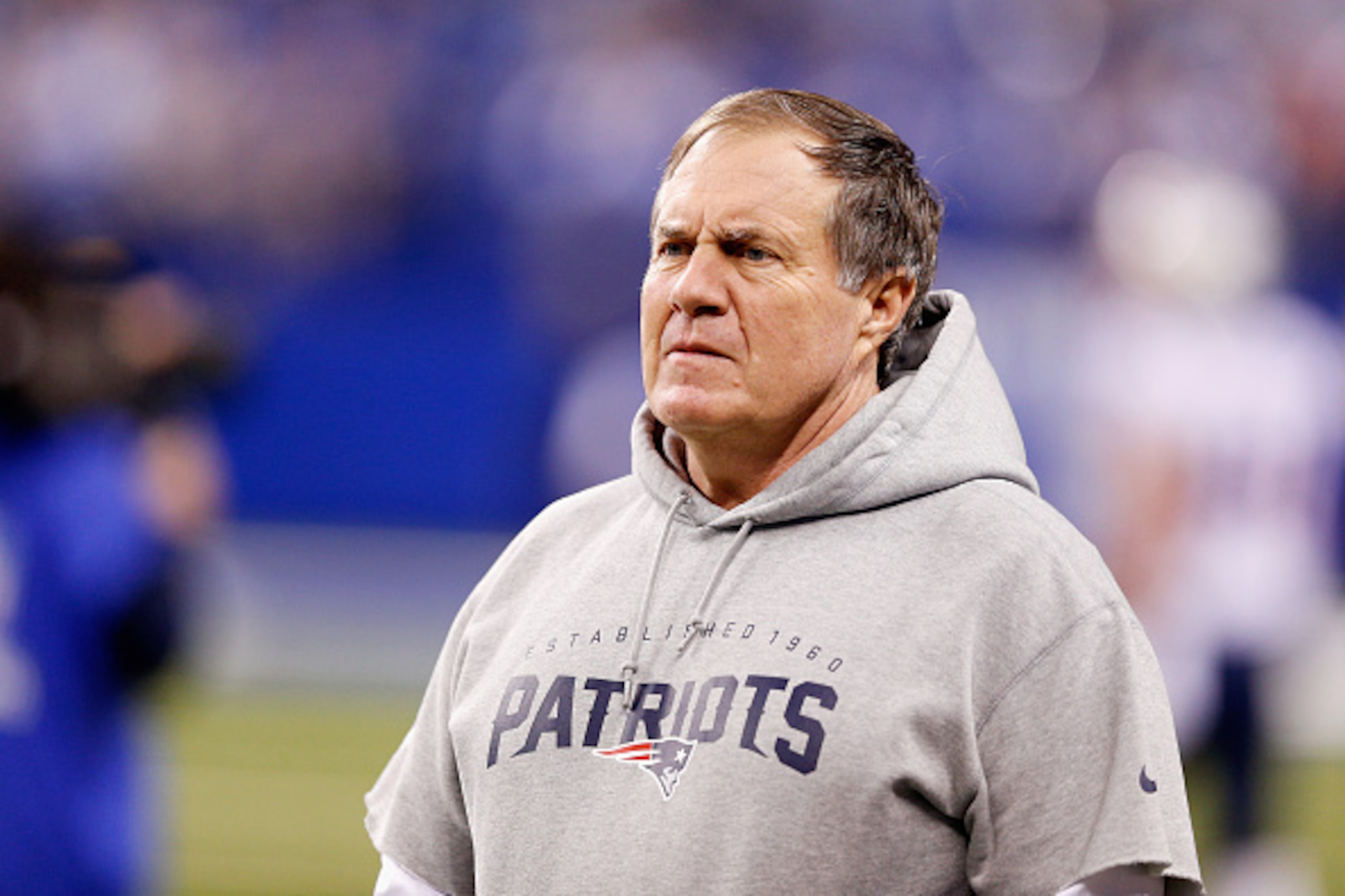 INDIANAPOLIS, IN - NOVEMBER 16:  Head coach Bill Belichick of the New England Patriots looks on before playing agains the Indianapolis Colts at Lucas Oil Stadium on November 16, 2014 in Indianapolis, Indiana.  (Photo by Joe Robbins/Getty Images)