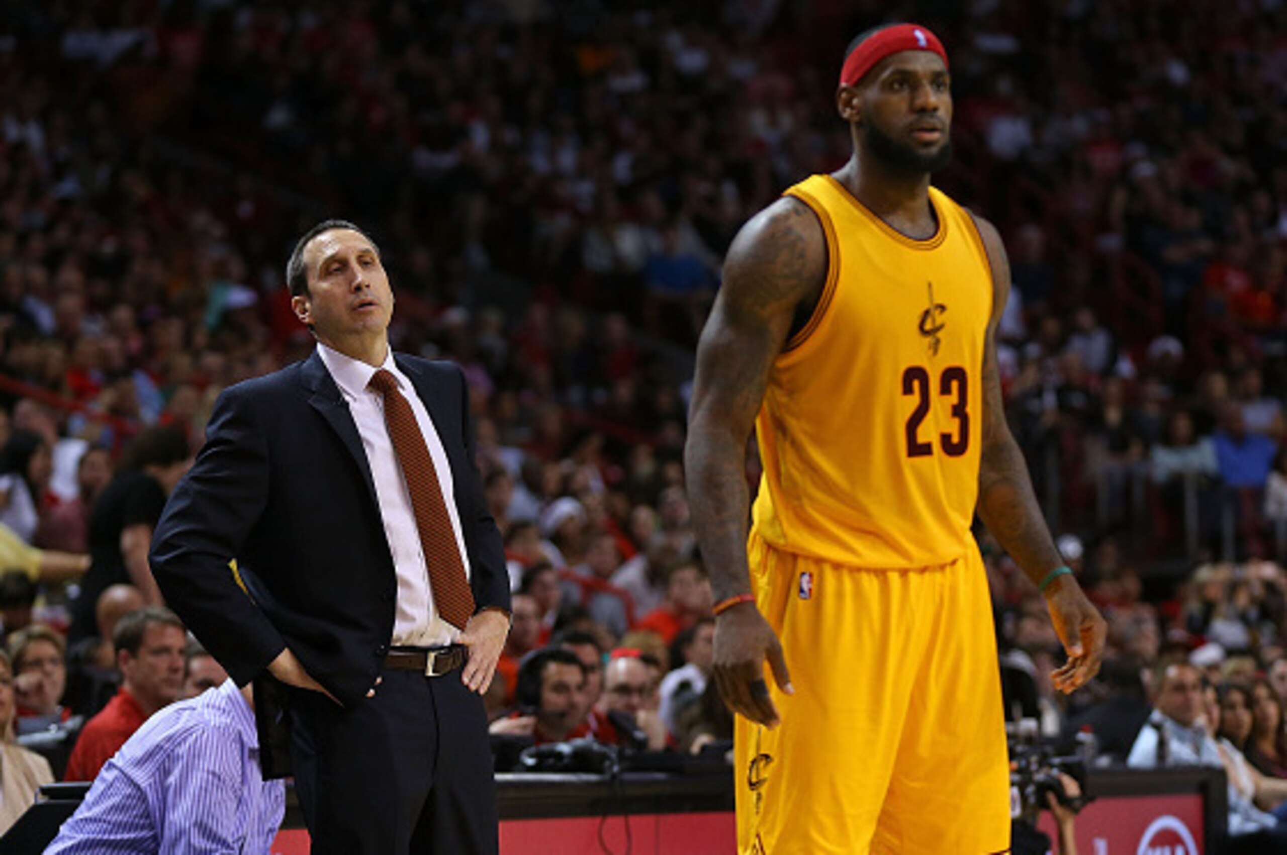 MIAMI, FL - DECEMBER 25: Head coach David Blatt of the Cleveland Cavaliers looks on during a game against the Miami Heat at American Airlines Arena on December 25, 2014 in Miami, Florida. NOTE TO USER: User expressly acknowledges and agrees that, by downl
