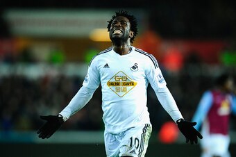 SWANSEA, WALES - DECEMBER 26:  Wilfried Bony of Swansea reacts after having a goal dissalowed during the Barclays Premier League match between Swansea City and Aston Villa at Liberty Stadium on December 26, 2014 in Swansea, Wales.  (Photo by Stu Forster/G