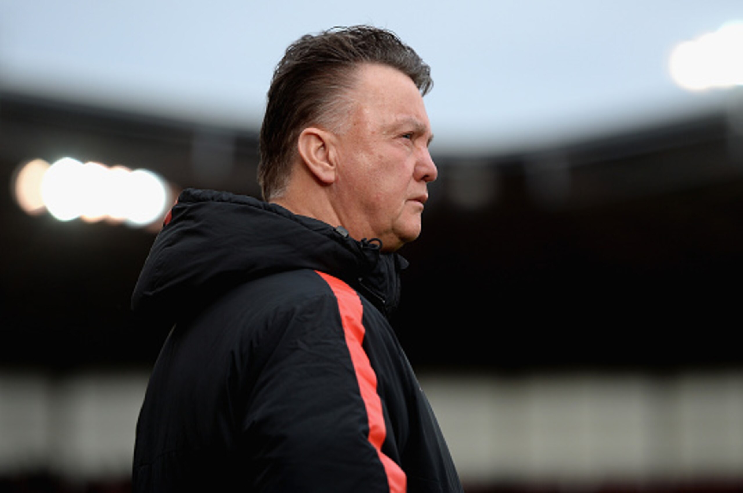 STOKE ON TRENT, ENGLAND - JANUARY 01:  Manchester United Manager Louis van Gaal looks on prior to the Barclays Premier League match between Stoke City and Manchester United at Britannia Stadium on January 1, 2015 in Stoke on Trent, England.  (Photo by Gar