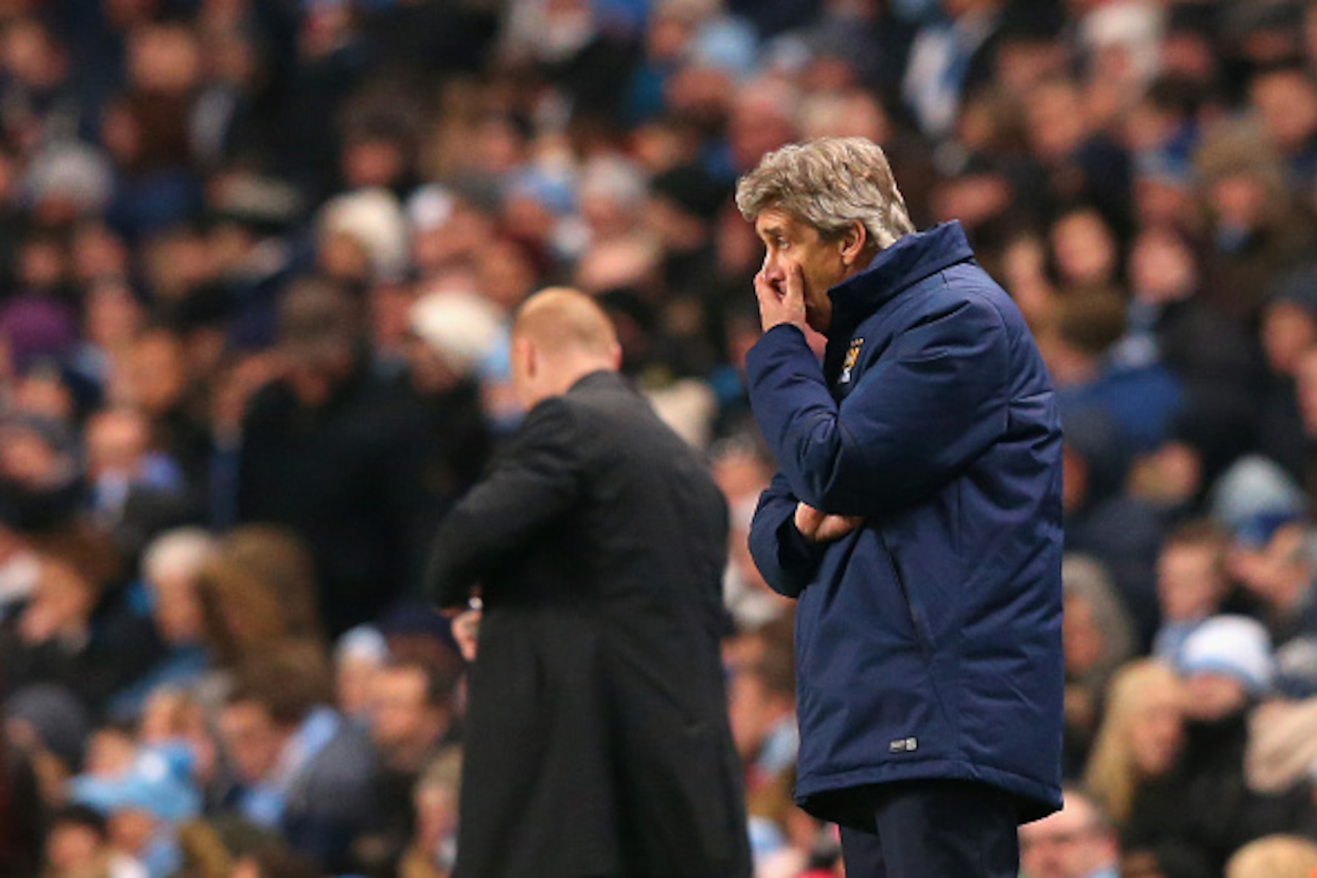 MANCHESTER, ENGLAND - DECEMBER 28:  Manuel Pellegrini, manager of Manchester City reacts during the Barclays Premier League match between Manchester City and Burnley at Etihad Stadium on December 28, 2014 in Manchester, England.  (Photo by Alex Livesey/Ge