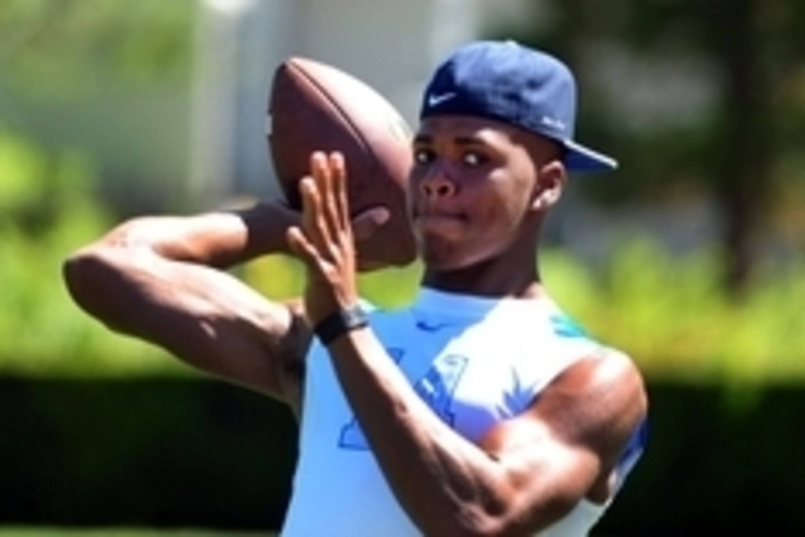 Jul 10, 2014; Beaverton, OR, USA; Land Shark quarterback Deondre Francois (14) passes the ball as he warms up during Nike Football ' The Opening' at Nike World Headquarters.  Mandatory Credit: Steve Dykes-USA TODAY Sports