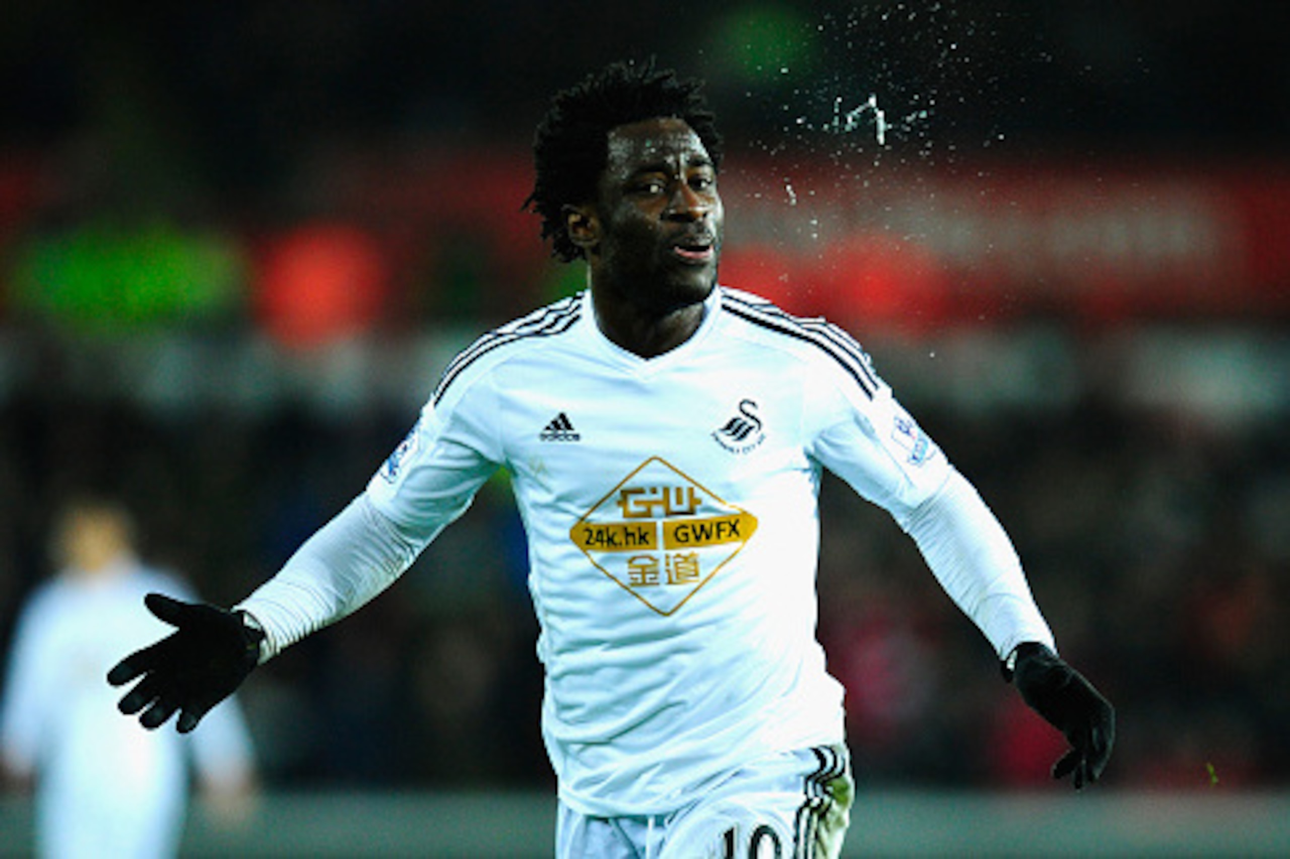 SWANSEA, WALES - DECEMBER 26:  Wilfried Bony of Swansea reacts after having a goal disallowed during the Barclays Premier League match between Swansea City and Aston Villa at Liberty Stadium on December 26, 2014 in Swansea, Wales.  (Photo by Stu Forster/G