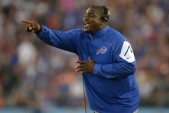 Aug 3, 2014; Canton, OH, USA; Buffalo Bills defensive line coach Pepper Johnson reacts during the 2014 Hall of Fame game at Fawcett Stadium. Mandatory Credit: Kirby Lee-USA TODAY Sports