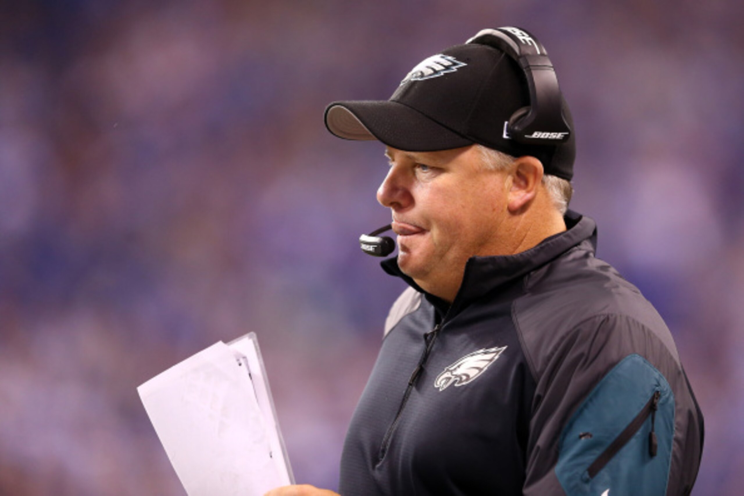 INDIANAPOLIS, IN - SEPTEMBER 15:  Head coach Chip Kelly of the Philadelphia Eagles looks on against the Indianapolis Colts during a game at Lucas Oil Stadium on September 15, 2014 in Indianapolis, Indiana.  (Photo by Andy Lyons/Getty Images)