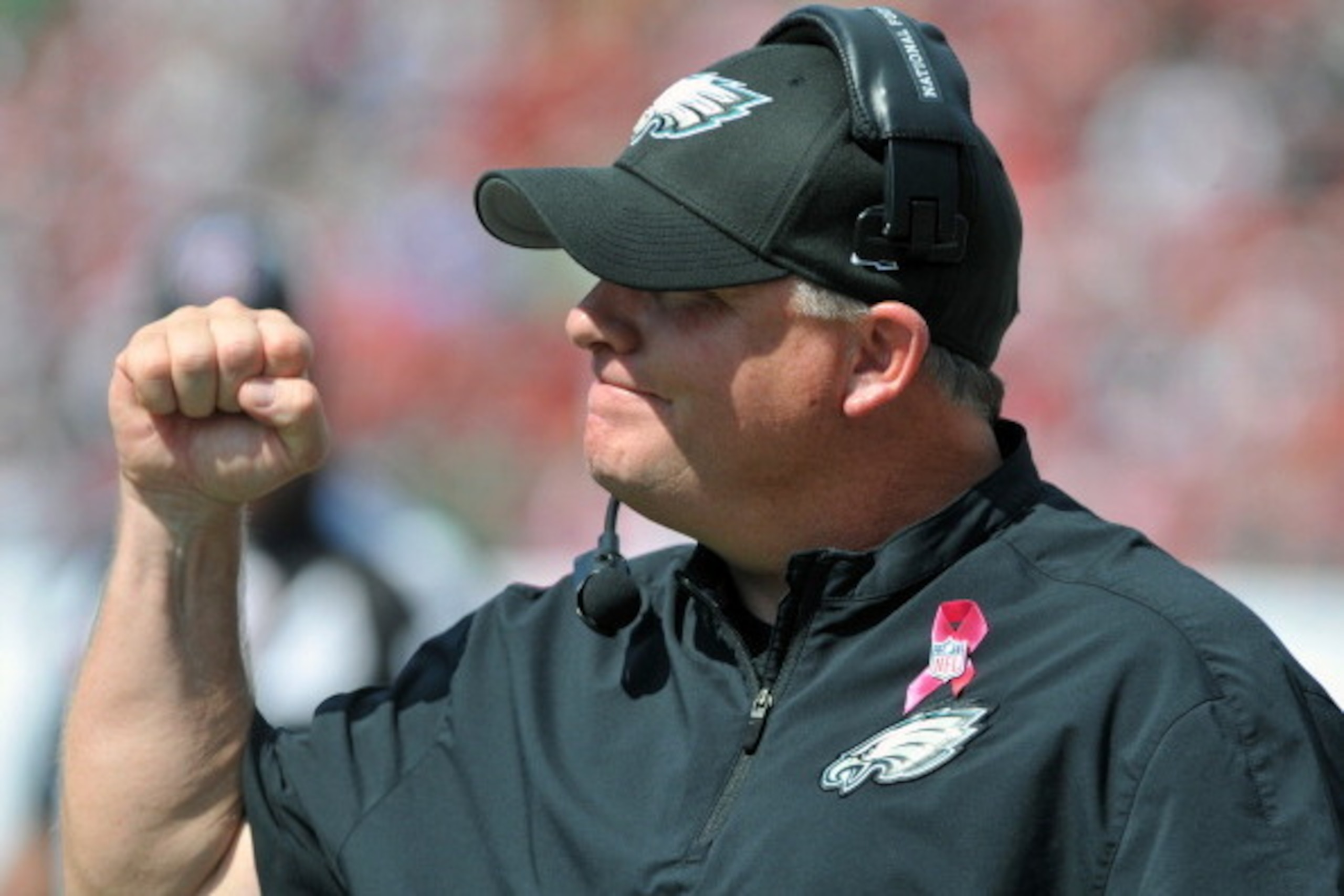 TAMPA, FL - OCTOBER 13: Coach Chip Kelly of the Philadelphia Eagles cheers after a touchdown against the Tampa Bay Buccaneers October 13, 2013 at Raymond James Stadium in Tampa, Florida. (Photo by Al Messerschmidt/Getty Images)