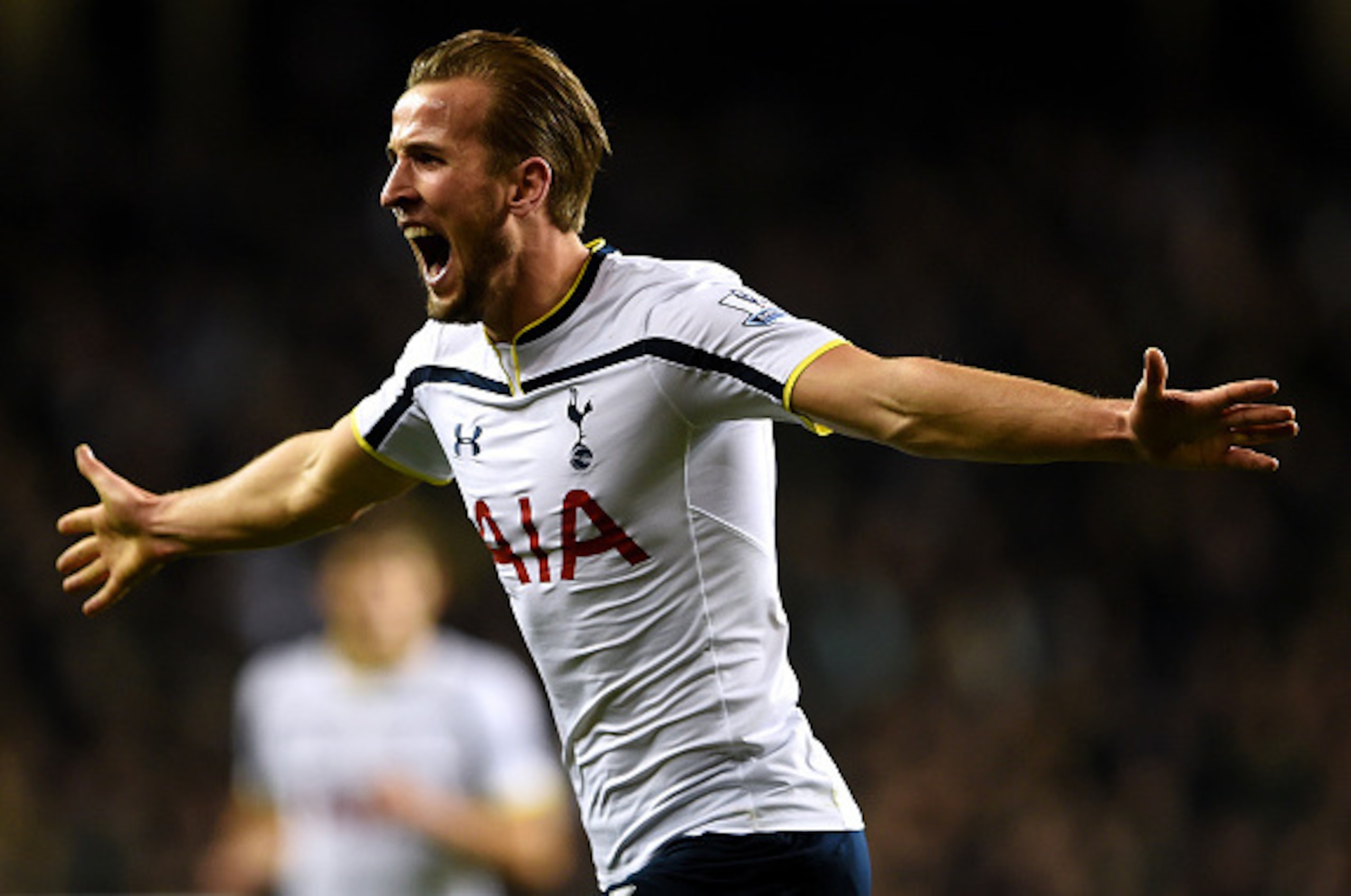 LONDON, ENGLAND - JANUARY 01:  Harry Kane of Spurs celebrates after scoring his team's first goal during the Barclays Premier League match between Tottenham Hotspur and Chelsea at White Hart Lane on January 1, 2015 in London, England.  (Photo by Michael R