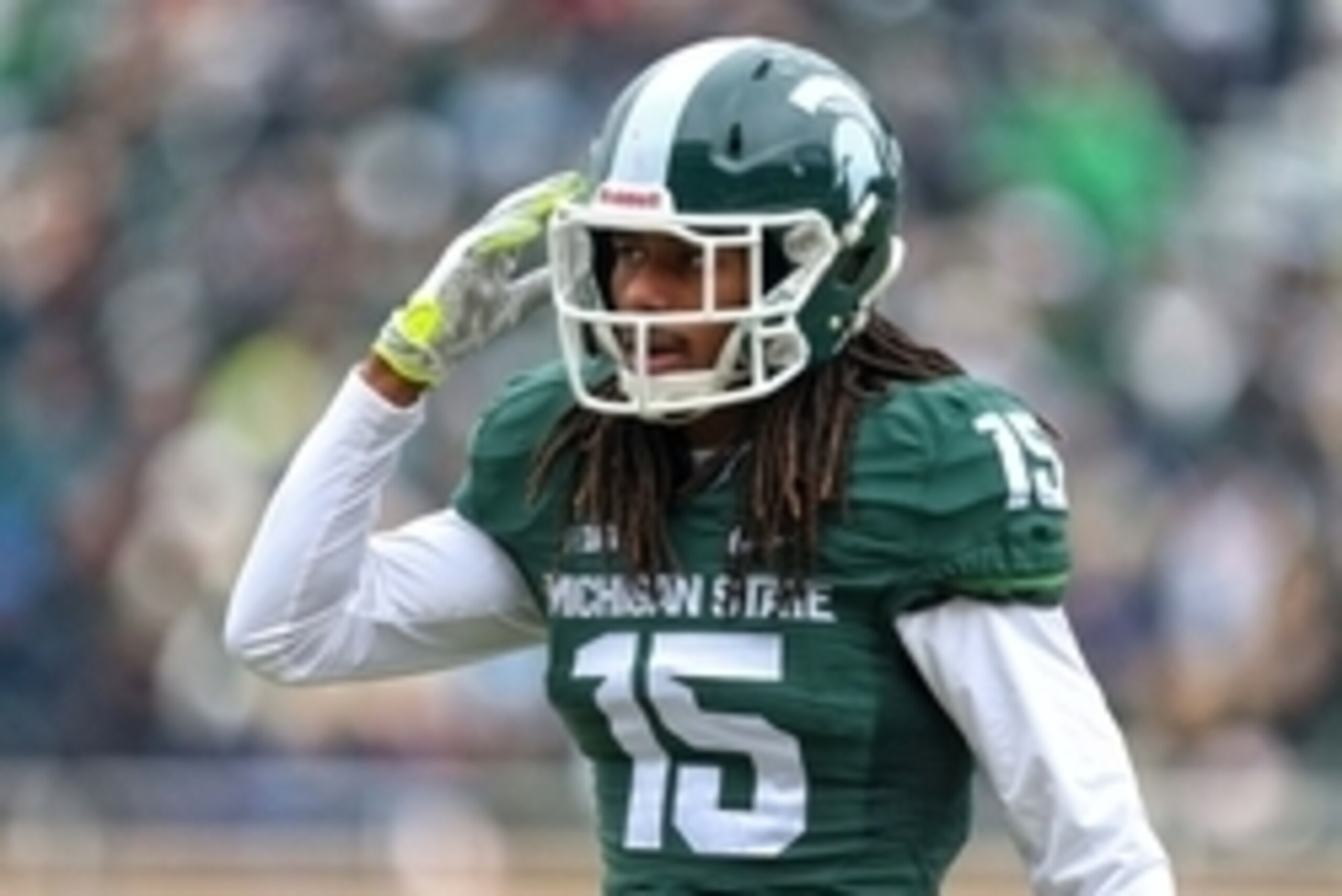 Nov 22, 2014; East Lansing, MI, USA; Michigan State Spartans cornerback Trae Waynes (15) stands on the field between plays during the1st half of a game at Spartan Stadium. Mandatory Credit: Mike Carter-USA TODAY Sports