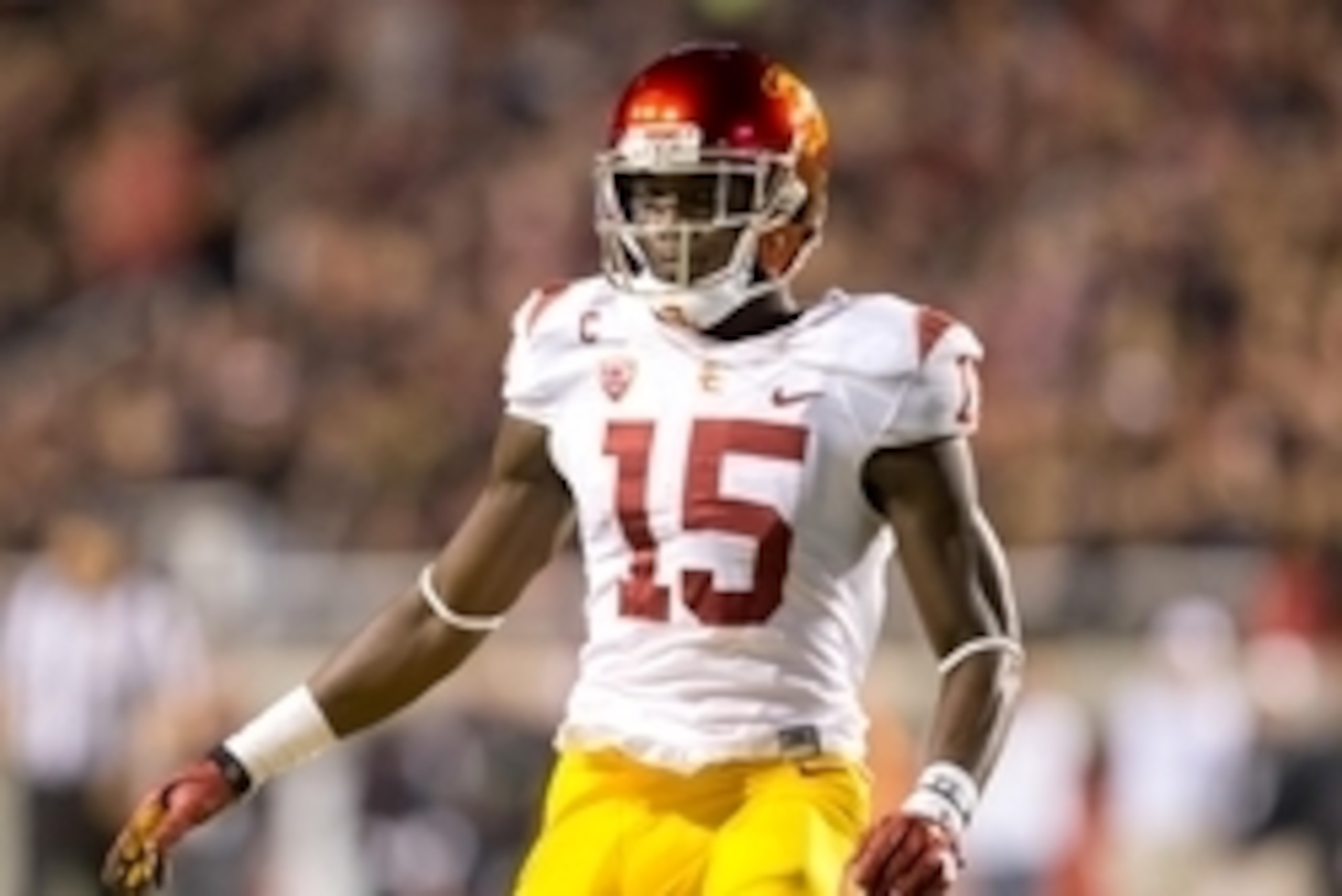 Oct 25, 2014; Salt Lake City, UT, USA; USC Trojans wide receiver Nelson Agholor (15) during the second half against the Utah Utes at Rice-Eccles Stadium. Utah won 24-21. Mandatory Credit: Russ Isabella-USA TODAY Sports