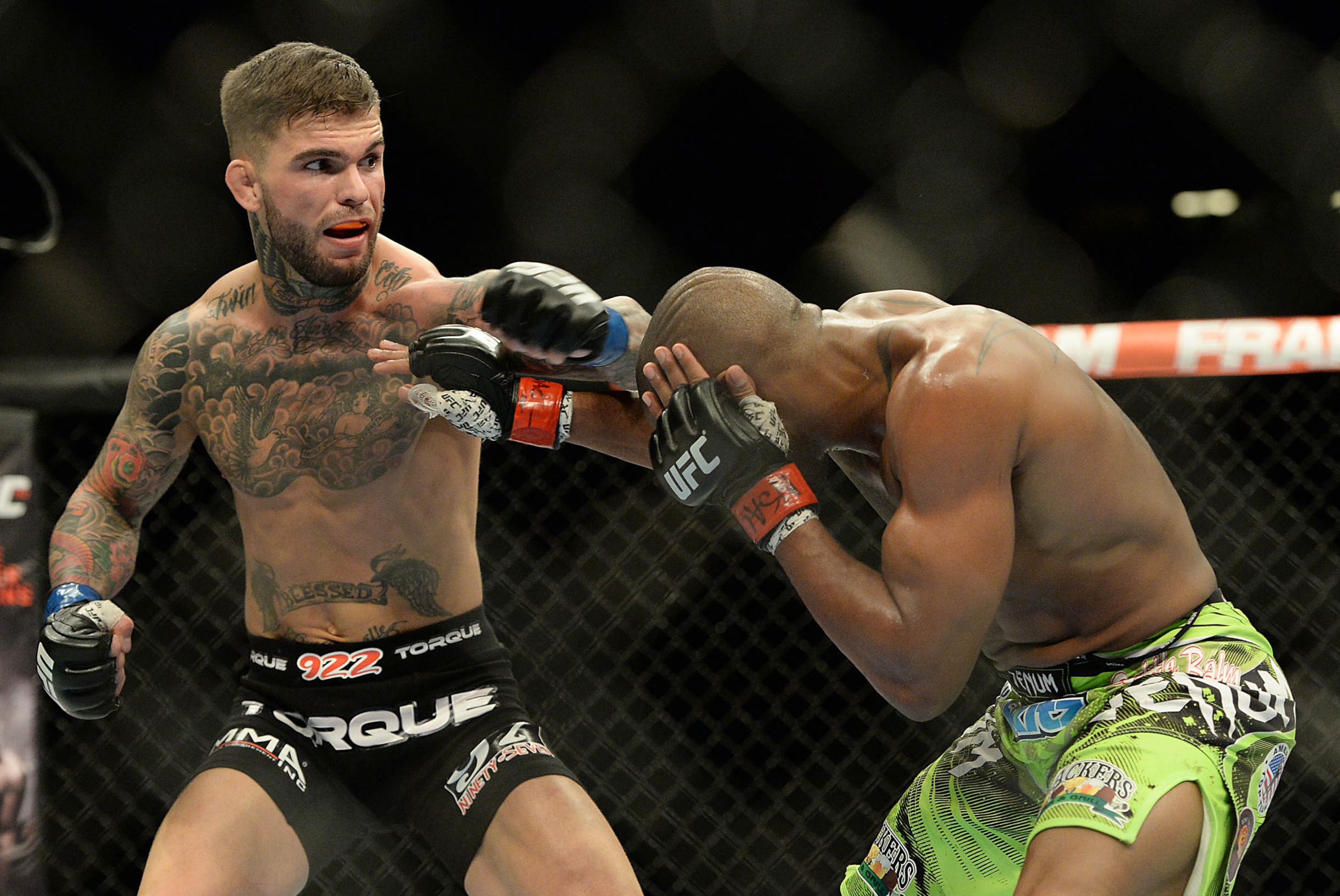 Jan 3, 2015; Las Vegas, NV, USA; Cody Garbrandt (blue gloves) and Marcus Brimage (red gloves) in their bantamweight bout at UFC 182 at the MGM Grand Garden Arena. Garbrandt won. Mandatory Credit: Jayne Kamin-Oncea-USA TODAY Sports