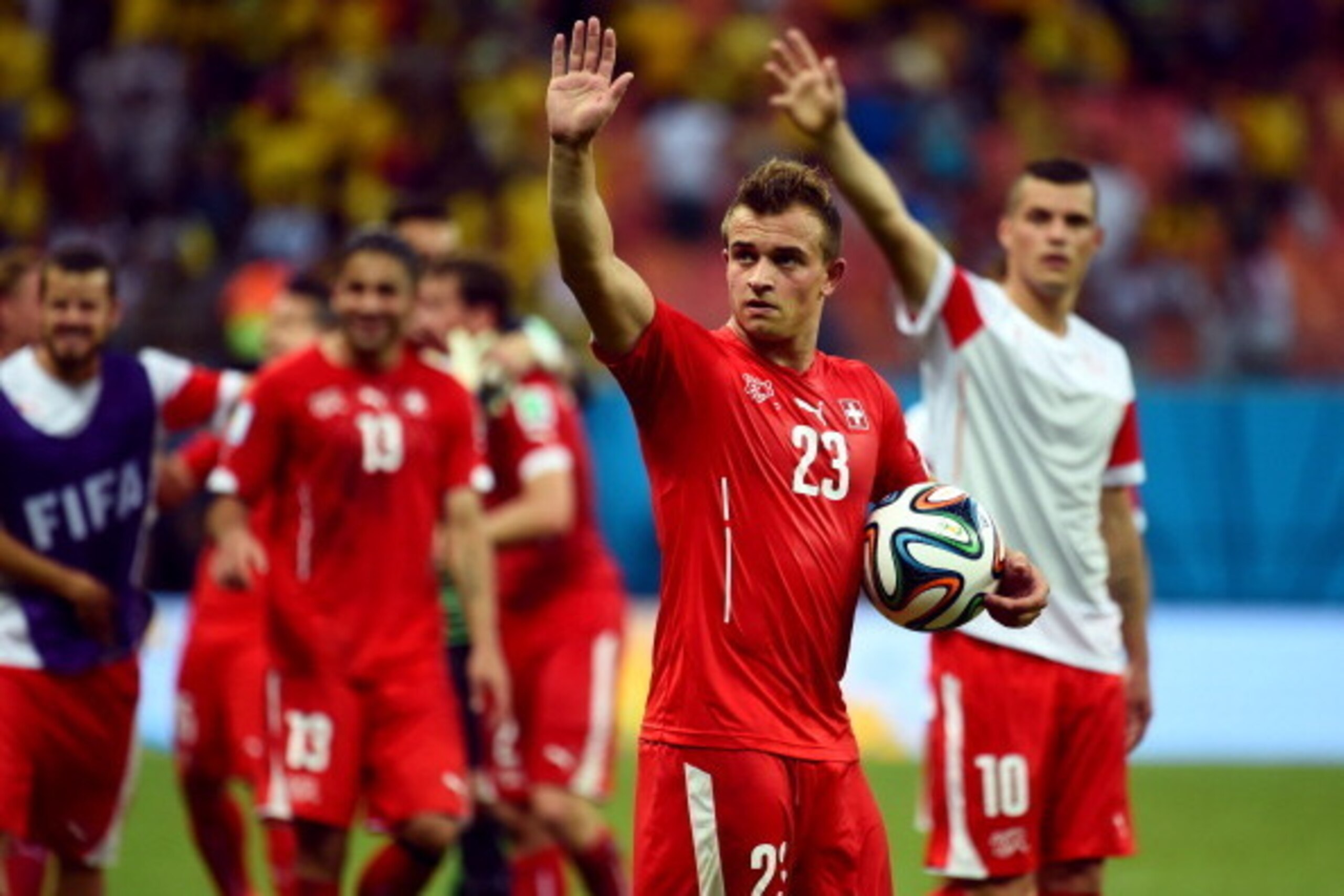 MANAUS, BRAZIL - JUNE 25:  Xherdan Shaqiri of Switzerland acknowledges the fans after a 3-0 victory over Honduras in the 2014 FIFA World Cup Brazil Group E match between Honduras and Switzerland at Arena Amazonia on June 25, 2014 in Manaus, Brazil.  (Phot