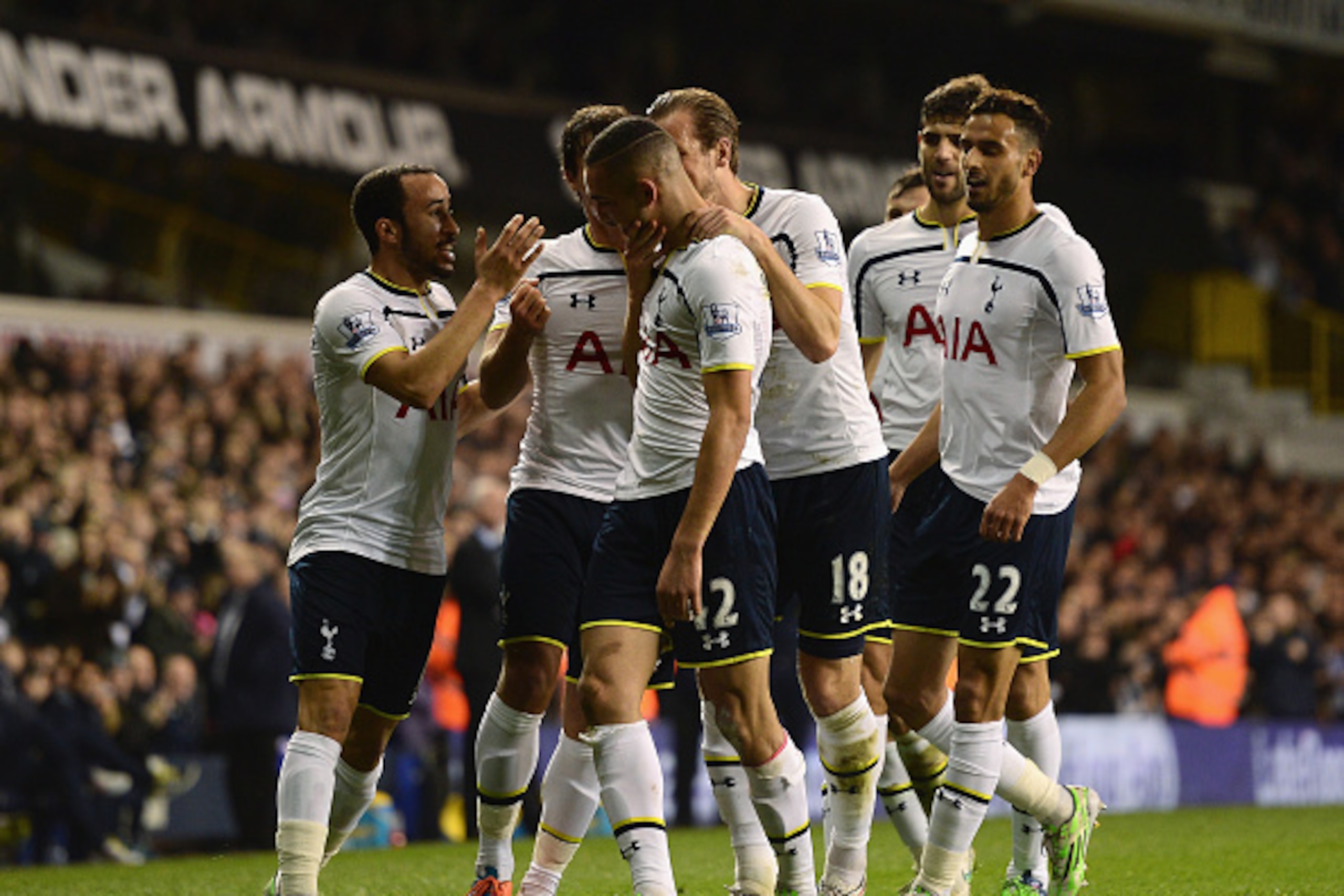 LONDON, ENGLAND - DECEMBER 17:  Nabil Bentaleb of Tottenham Hotspur celebrates scoring the opening goal with team mates during the Capital One Cup Quarter-Final match between Tottenham Hotspur and Newcastle United at White Hart Lane on December 17, 2014 i