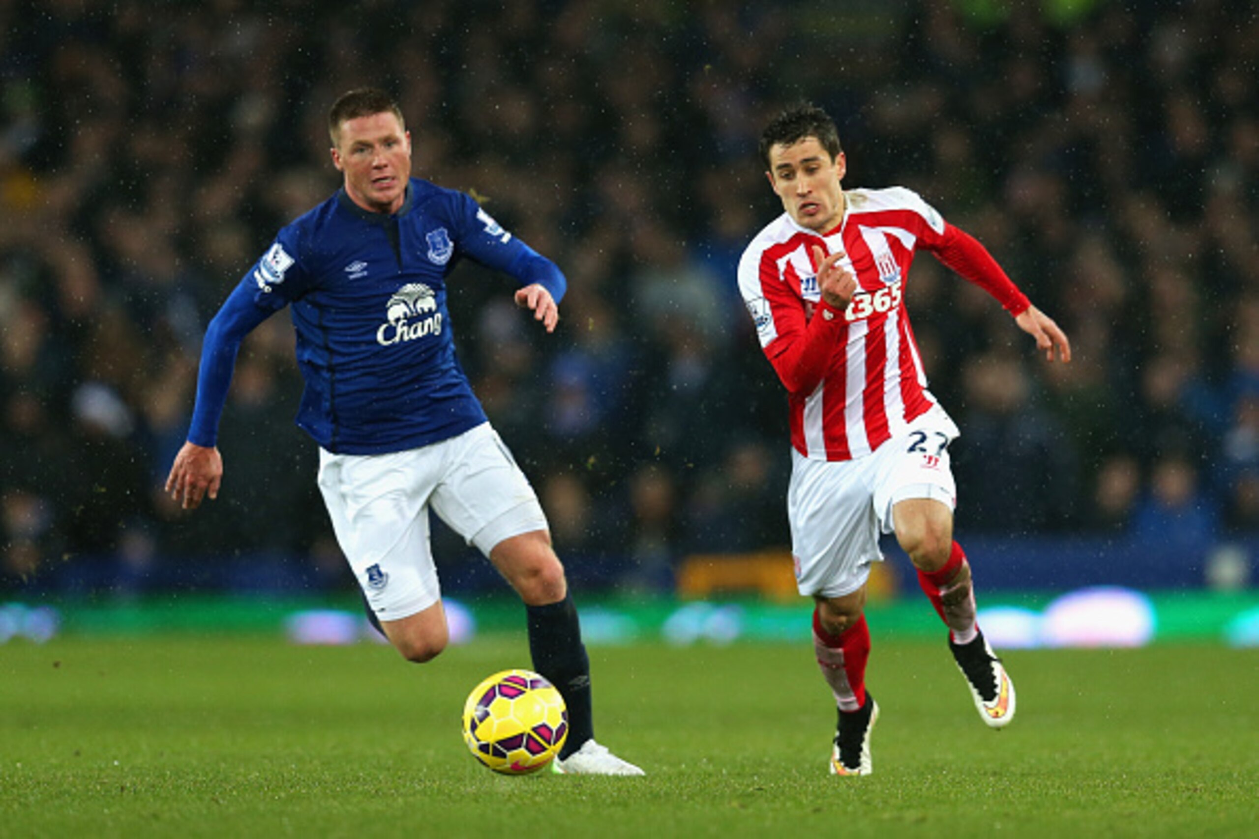 LIVERPOOL, ENGLAND - DECEMBER 26:  James McCarthy of Everton and Bojan Krkic of Stoke City battle for the ball during the Barclays Premier League match between Everton and Stoke City at Goodison Park on December 26, 2014 in Liverpool, England.  (Photo by 