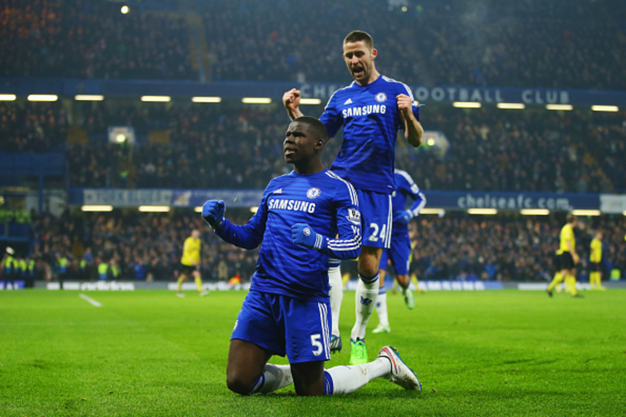 LONDON, ENGLAND - JANUARY 04:  Kurt Zouma of Chelsea (5) celebrates with Gary Cahill (24) as he scores their third goal during the FA Cup Third Round match between Chelsea and Watford at Stamford Bridge on January 4, 2015 in London, England.  (Photo by Ri