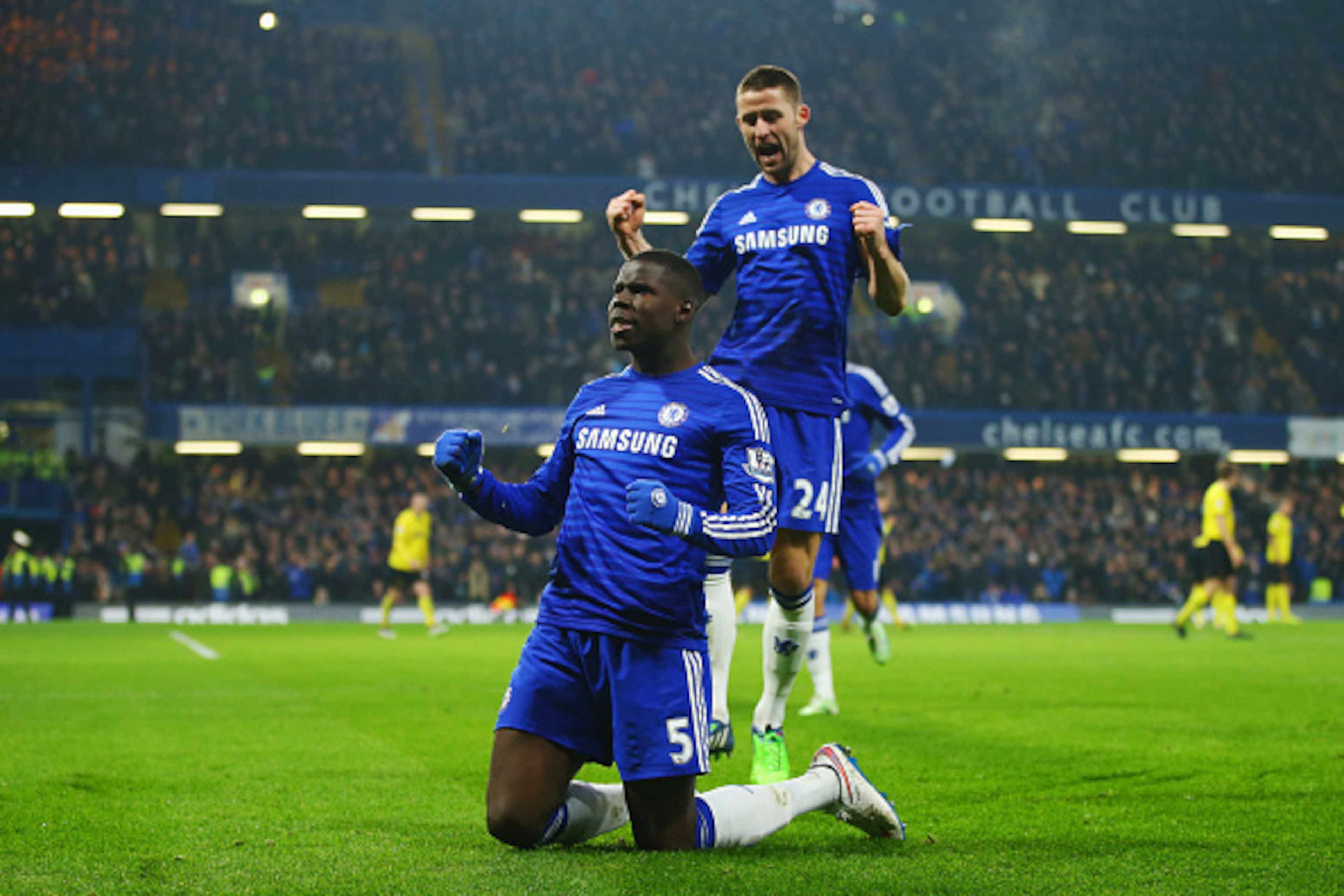 LONDON, ENGLAND - JANUARY 04:  Kurt Zouma of Chelsea (5) celebrates with Gary Cahill (24) as he scores their third goal during the FA Cup Third Round match between Chelsea and Watford at Stamford Bridge on January 4, 2015 in London, England.  (Photo by Ri