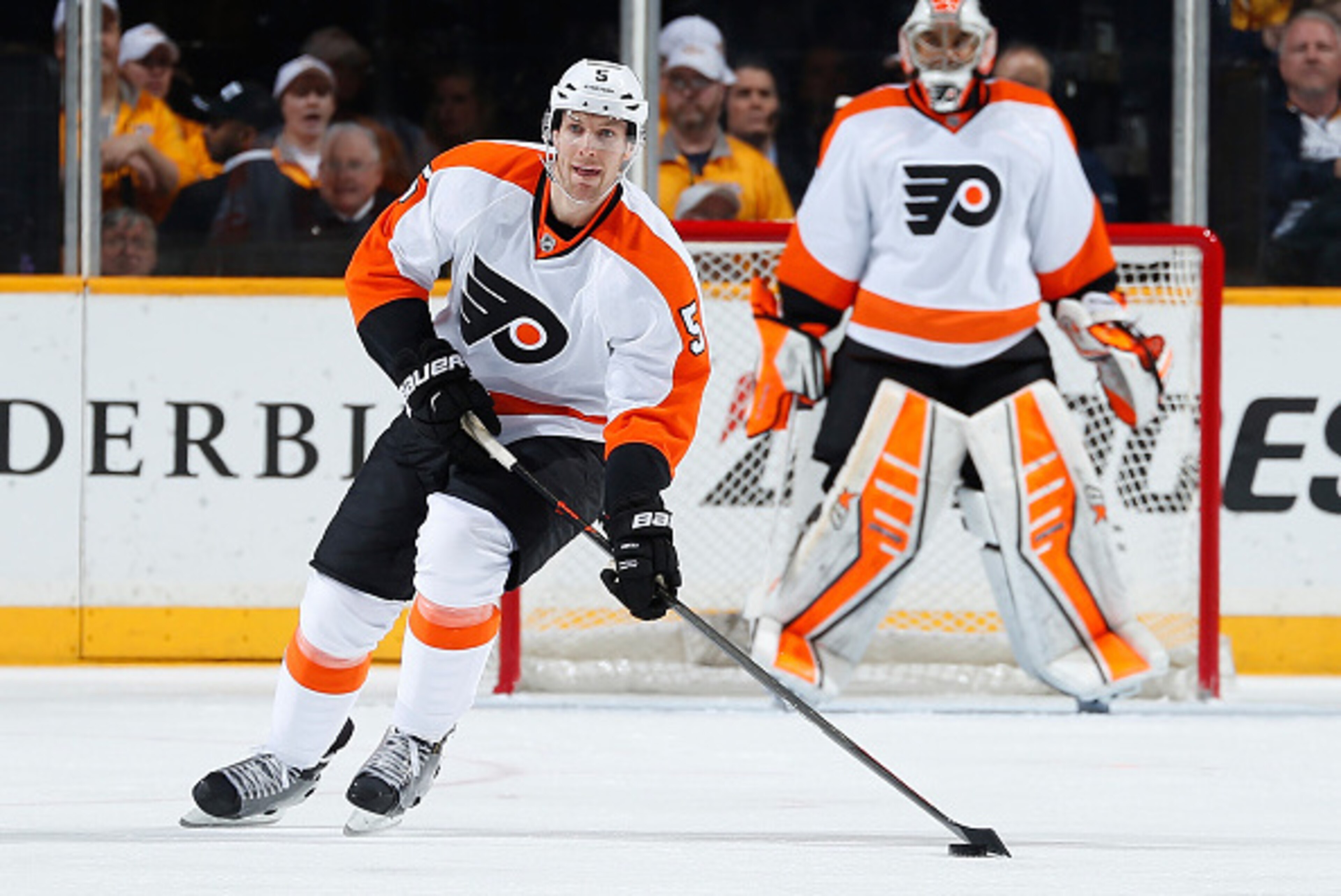 NASHVILLE, TN - DECEMBER 27: Braydon Coburn #5 of the Philadelphia Flyers skates against the Nashville Predators at Bridgestone Arena on December 27, 2014 in Nashville, Tennessee. (Photo by John Russell/NHLI via Getty Images) NASHVILLE, TN - DECEMBER 27: Braydon Coburn #5 of the Philadelphia Flyers skates against the Nashville Predators at Bridgestone Arena on December 27, 2014 in Nashville, Tennessee. (Photo by John Russell/NHLI via Getty Images)