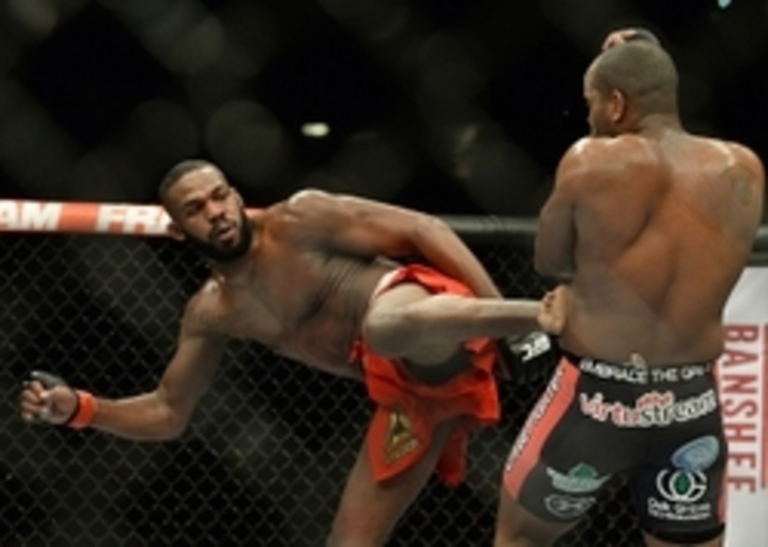 Jan 3, 2015; Las Vegas, NV, USA; Jon Jones (red gloves) and Daniel Cormier (blue gloves) compete during their light heavyweight title fight at UFC 182 at the MGM Grand Garden Arena. Jones won. Mandatory Credit: Jayne Kamin-Oncea-USA TODAY Sports
