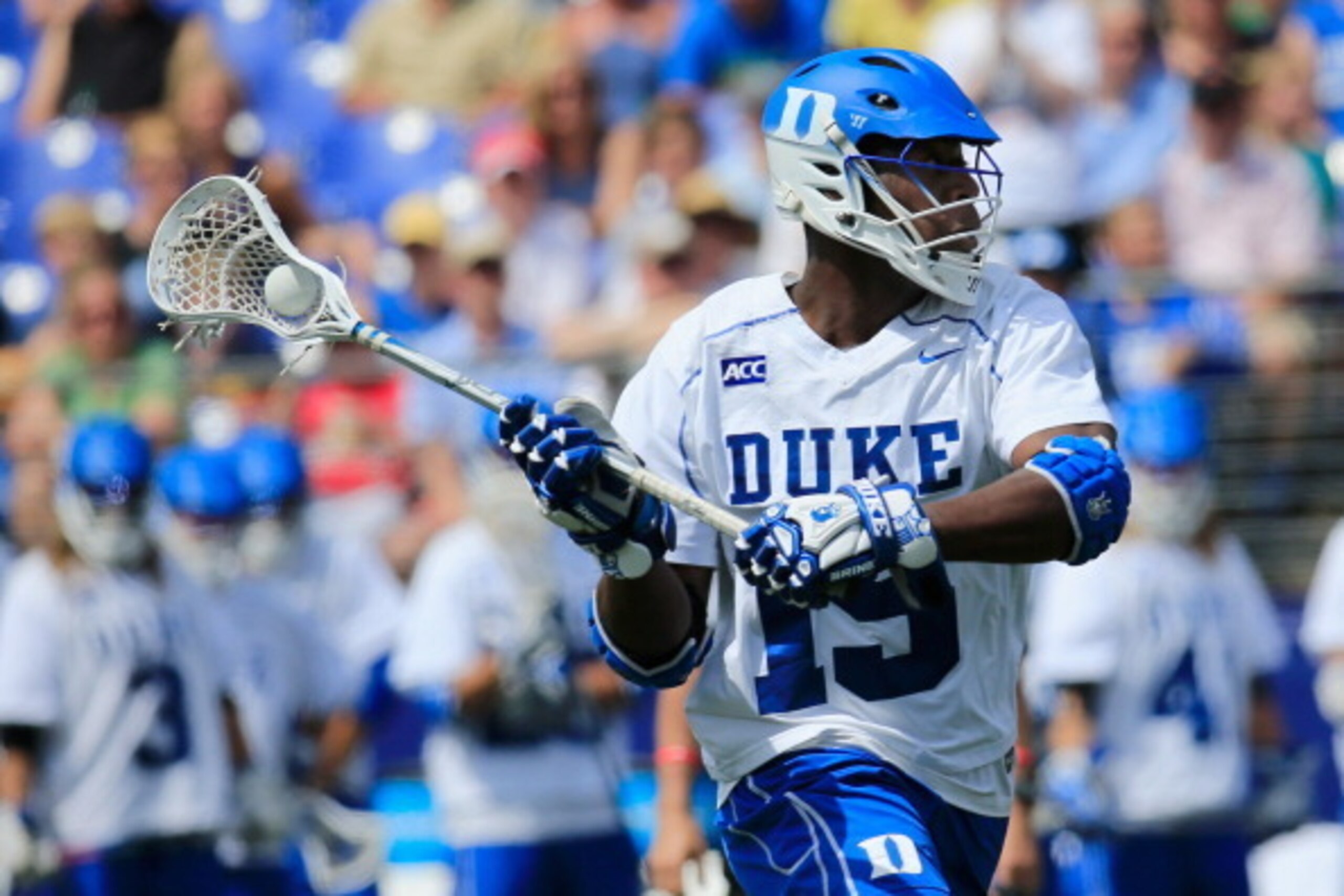 BALTIMORE, MD - MAY 26: Myles Jones #15 of the Duke Blue Devils looks to pass against the Notre Dame Fighting Irish during the second half of the 2014 NCAA Division I Men's Lacrosse Championship at M&T Bank Stadium on May 26, 2014 in Baltimore, Maryland. 