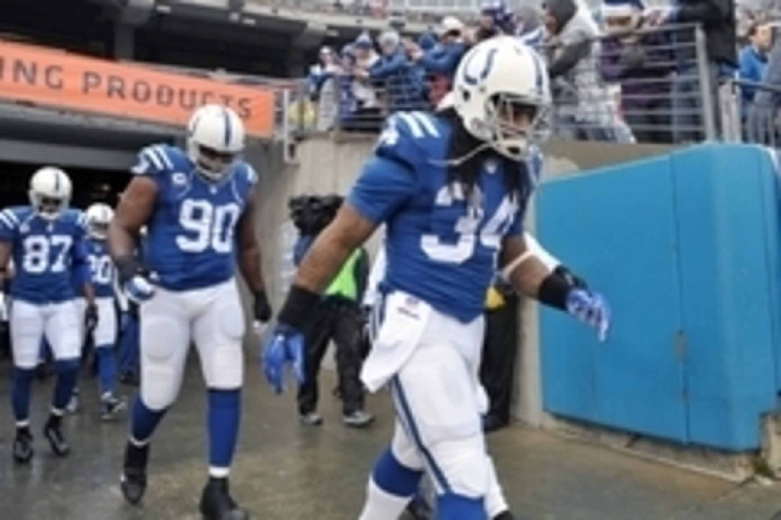 Dec 28, 2014; Nashville, TN, USA; Indianapolis Colts running back Trent Richardson (34) enters the field before a game against the Tennessee Titans at LP Field. The Colts beat the Titans 27-10. Mandatory Credit: Don McPeak-USA TODAY Sports