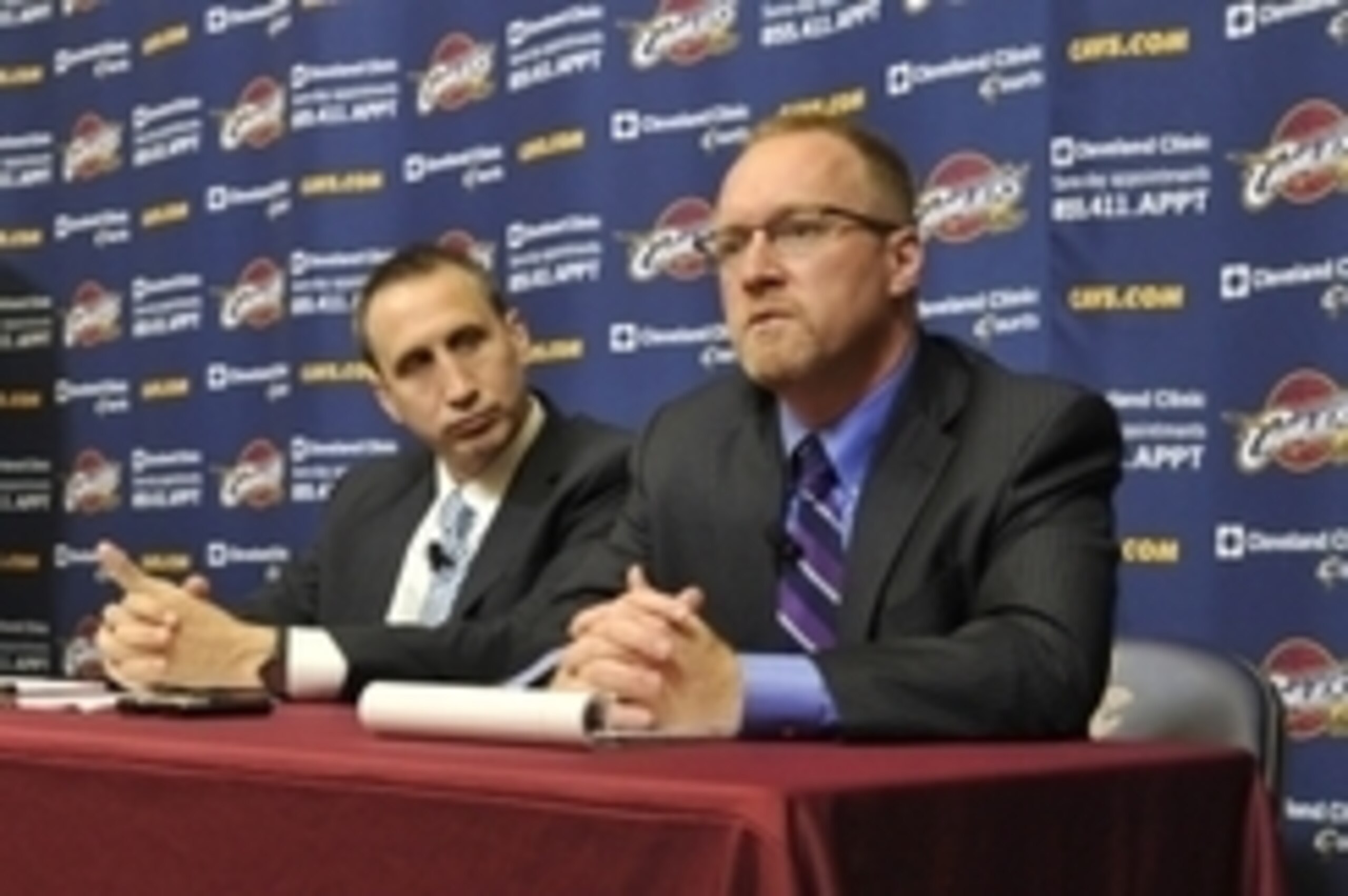 Jun 25, 2014; Independence, OH, USA; Cleveland Cavaliers head coach David Blatt (left) and general manager David Griffin speak to the media at Cleveland Clinic Courts. Mandatory Credit: David Richard-USA TODAY Sports
