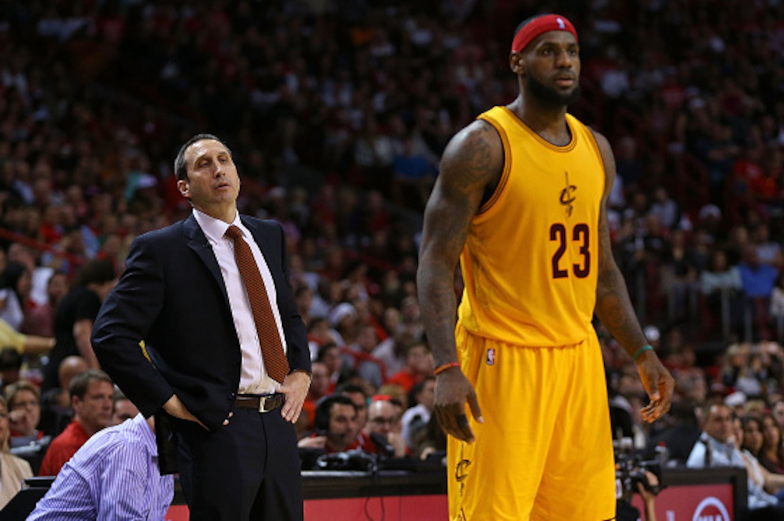 MIAMI, FL - DECEMBER 25: Head coach David Blatt of the Cleveland Cavaliers looks on during a game against the Miami Heat at American Airlines Arena on December 25, 2014 in Miami, Florida. NOTE TO USER: User expressly acknowledges and agrees that, by downl