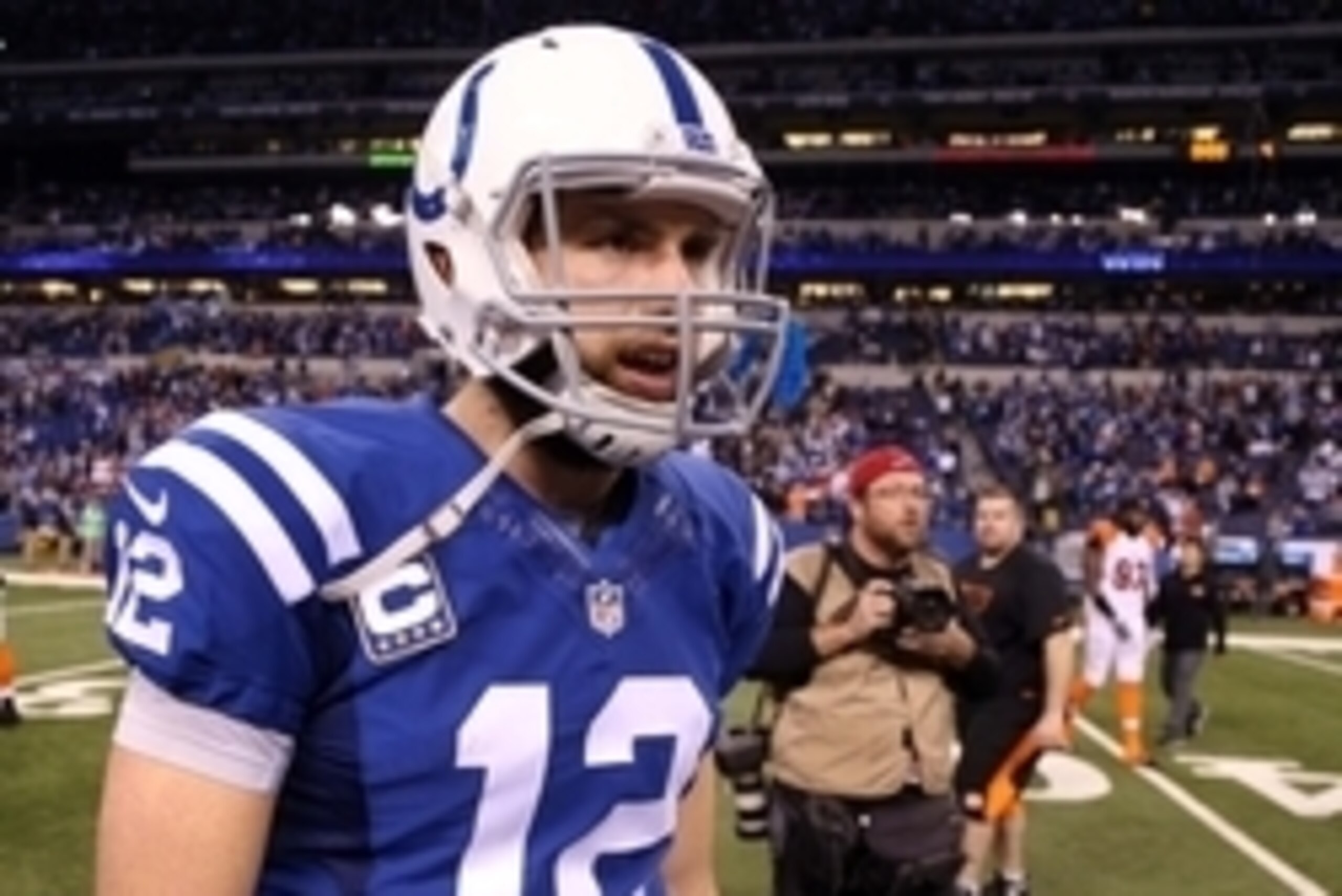 Jan 4, 2015; Indianapolis, IN, USA; Indianapolis Colts quarterback Andrew Luck (12) after the 2014 AFC Wild Card playoff football game against the Cincinnati Bengals at Lucas Oil Stadium. Mandatory Credit: Brian Spurlock-USA TODAY Sports