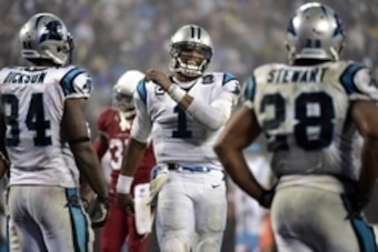 Jan 3, 2015; Charlotte, NC, USA; Carolina Panthers quarterback Cam Newton (1) reacts during the fourth quarter against the Arizona Cardinals in the 2014 NFC Wild Card playoff football game at Bank of America Stadium. Mandatory Credit: Bob Donnan-USA TODAY