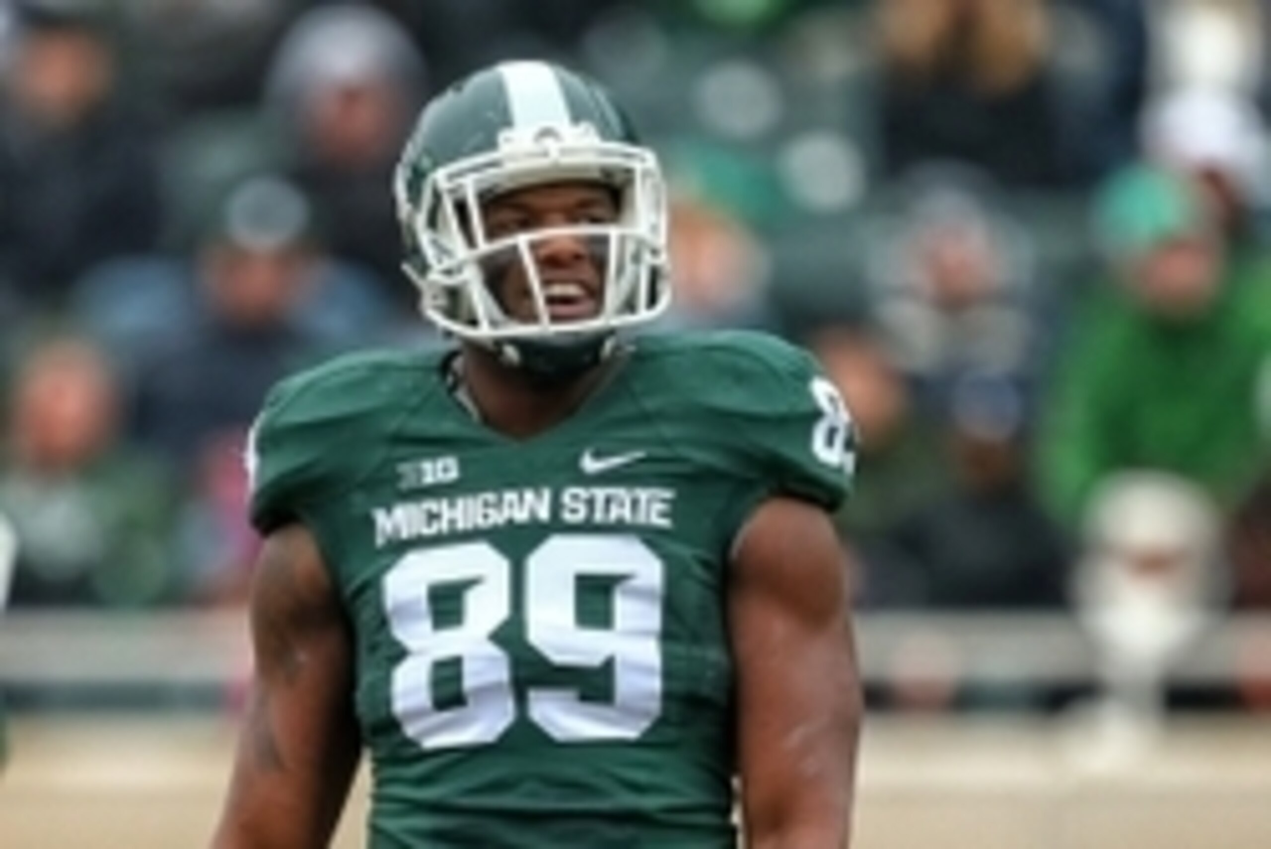 Nov 22, 2014; East Lansing, MI, USA; Michigan State Spartans defensive end Shilique Calhoun (89) stands on the field between plays during the 2nd half of a game against the Rutgers Scarlet Knights at Spartan Stadium. Mandatory Credit: Mike Carter-USA TODA