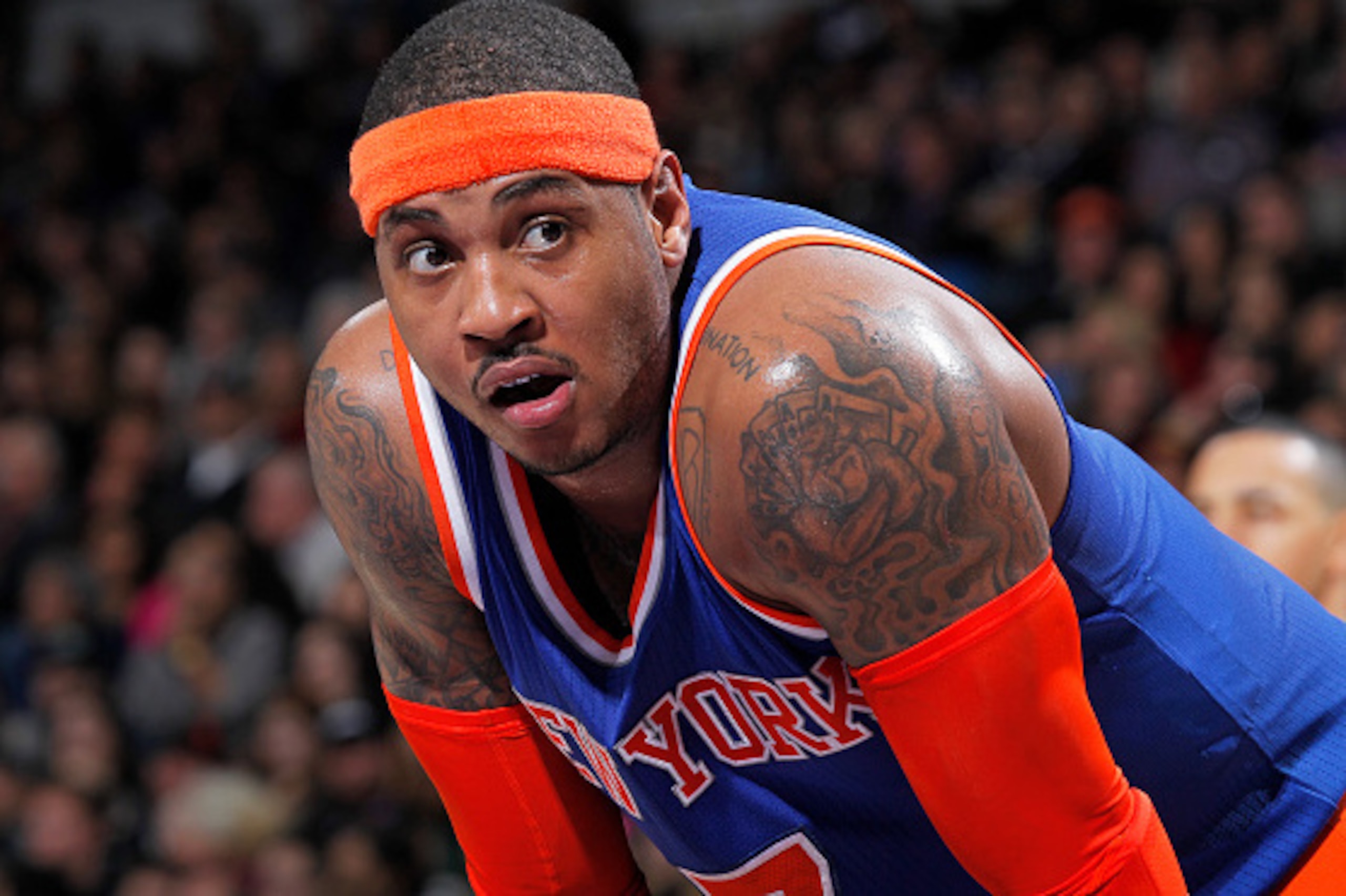SACRAMENTO, CA - DECEMBER 27: Carmelo Anthony #7 of the New York Knicks looks on during the game against the Sacramento Kings on December 27, 2014 at Sleep Train Arena in Sacramento, California. NOTE TO USER: User expressly acknowledges and agrees that, b