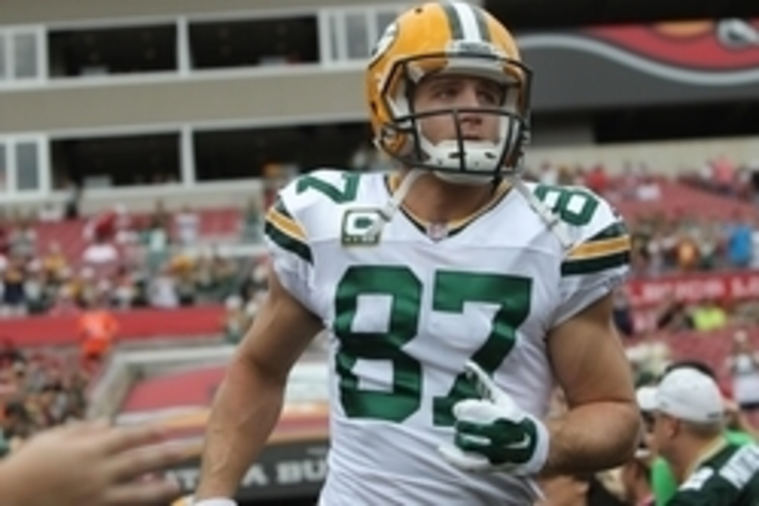 Dec 21, 2014; Tampa, FL, USA; Green Bay Packers wide receiver Jordy Nelson (87) runs out onto the field before the game against the Tampa Bay Buccaneers at Raymond James Stadium. Mandatory Credit: Kim Klement-USA TODAY Sports