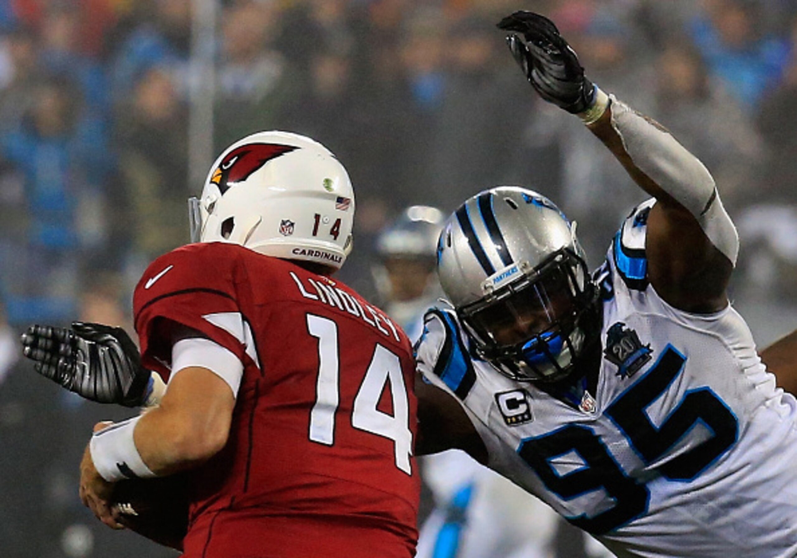 CHARLOTTE, NC - JANUARY 03: Charles Johnson #95 of the Carolina Panthers sacks Ryan Lindley #14 of the Arizona Cardinals in the 2nd half during their NFC Wild Card Playoff game at Bank of America Stadium on January 3, 2015 in Charlotte, North Carolina. CHARLOTTE, NC - JANUARY 03: Charles Johnson #95 of the Carolina Panthers sacks Ryan Lindley #14 of the Arizona Cardinals in the 2nd half during their NFC Wild Card Playoff game at Bank of America Stadium on January 3, 2015 in Charlotte, North Carolina.