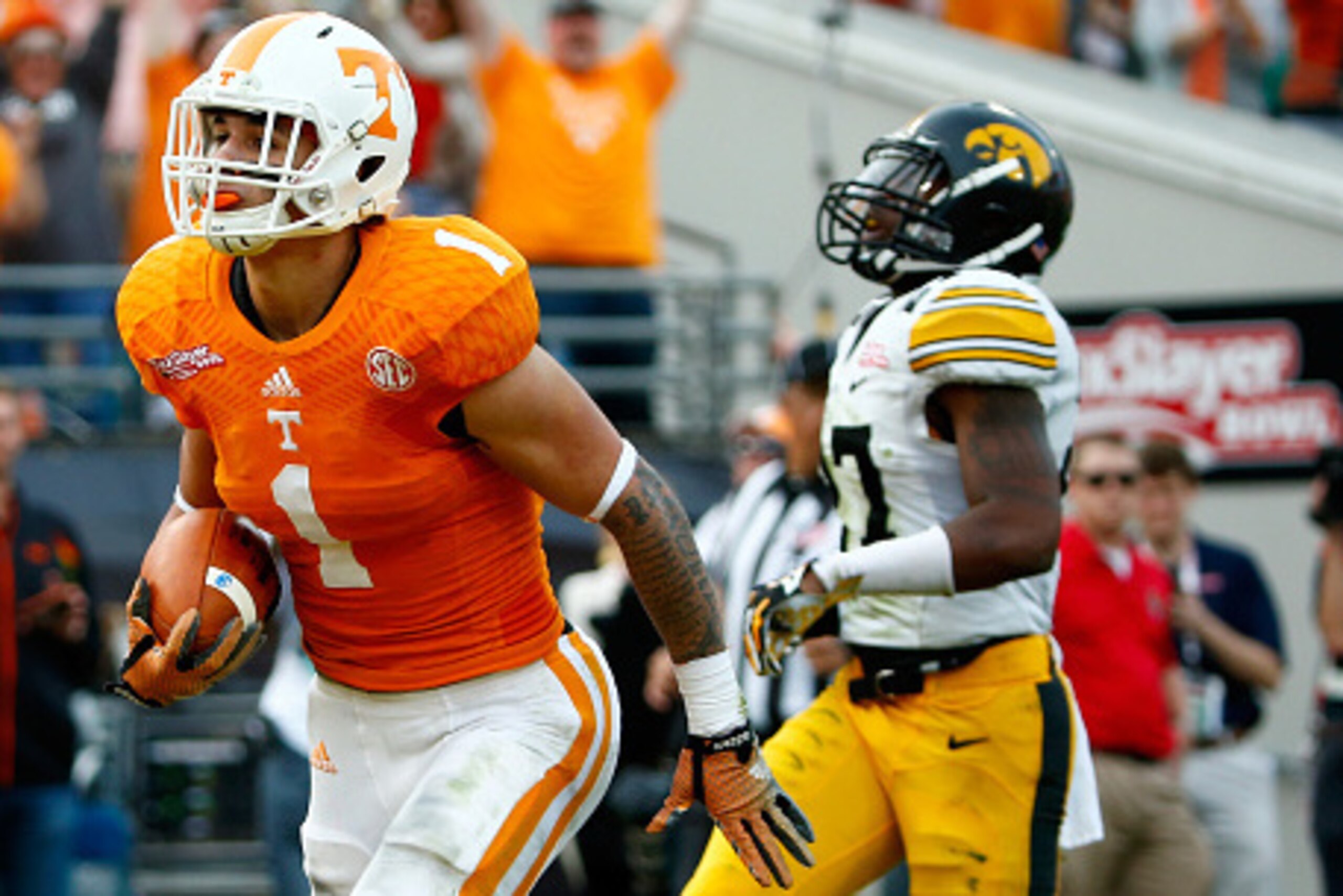 JACKSONVILLE, FL - JANUARY 02:  Jalen Hurd #1 of the Tennessee Volunteers crosses the goal line for a touchdown during the TaxSlayer Bowl at EverBank Field on January 2, 2015 in Jacksonville, Florida.  (Photo by Sam Greenwood/Getty Images)