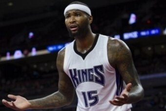 Jan 4, 2015; Auburn Hills, MI, USA; Sacramento Kings center DeMarcus Cousins (15) reacts after being called for a foul in the third quarter against the Detroit Pistons at The Palace of Auburn Hills. Detroit won 114-95. Mandatory Credit: Rick Osentoski-USA