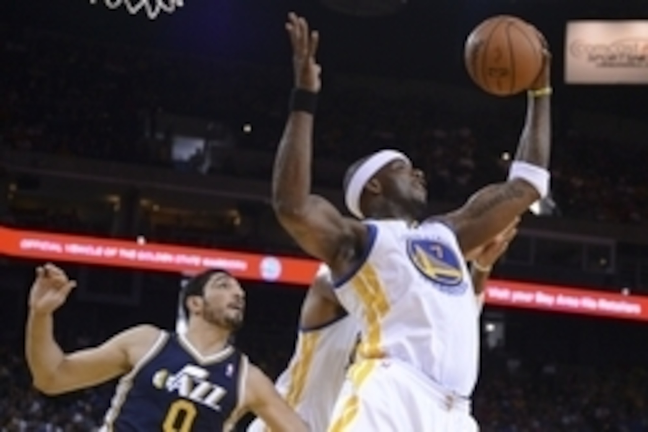 Apr 6, 2014; Oakland, CA, USA; Golden State Warriors center Jermaine O'Neal (7) grabs a rebound against Utah Jazz center Enes Kanter (0) during the second quarter at Oracle Arena. Mandatory Credit: Kyle Terada-USA TODAY Sports