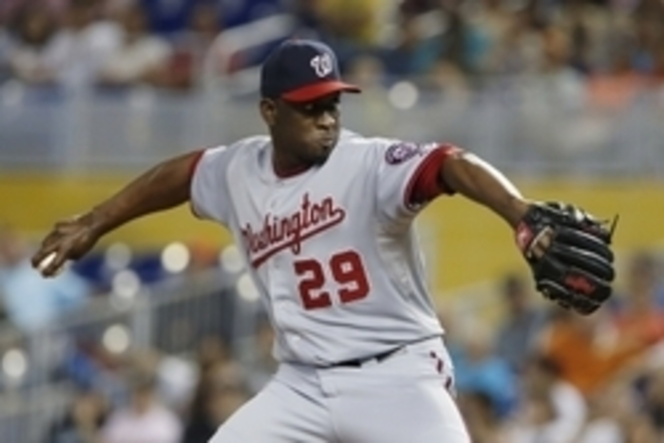 Sep 21, 2014; Miami, FL, USA; Washington Nationals relief pitcher Rafael Soriano (29) throws the ball in the ninth inning in a game against the Miami Marlins at Marlins Ballpark. The  Nationals won 2-1. Mandatory Credit: Robert Mayer-USA TODAY Sports