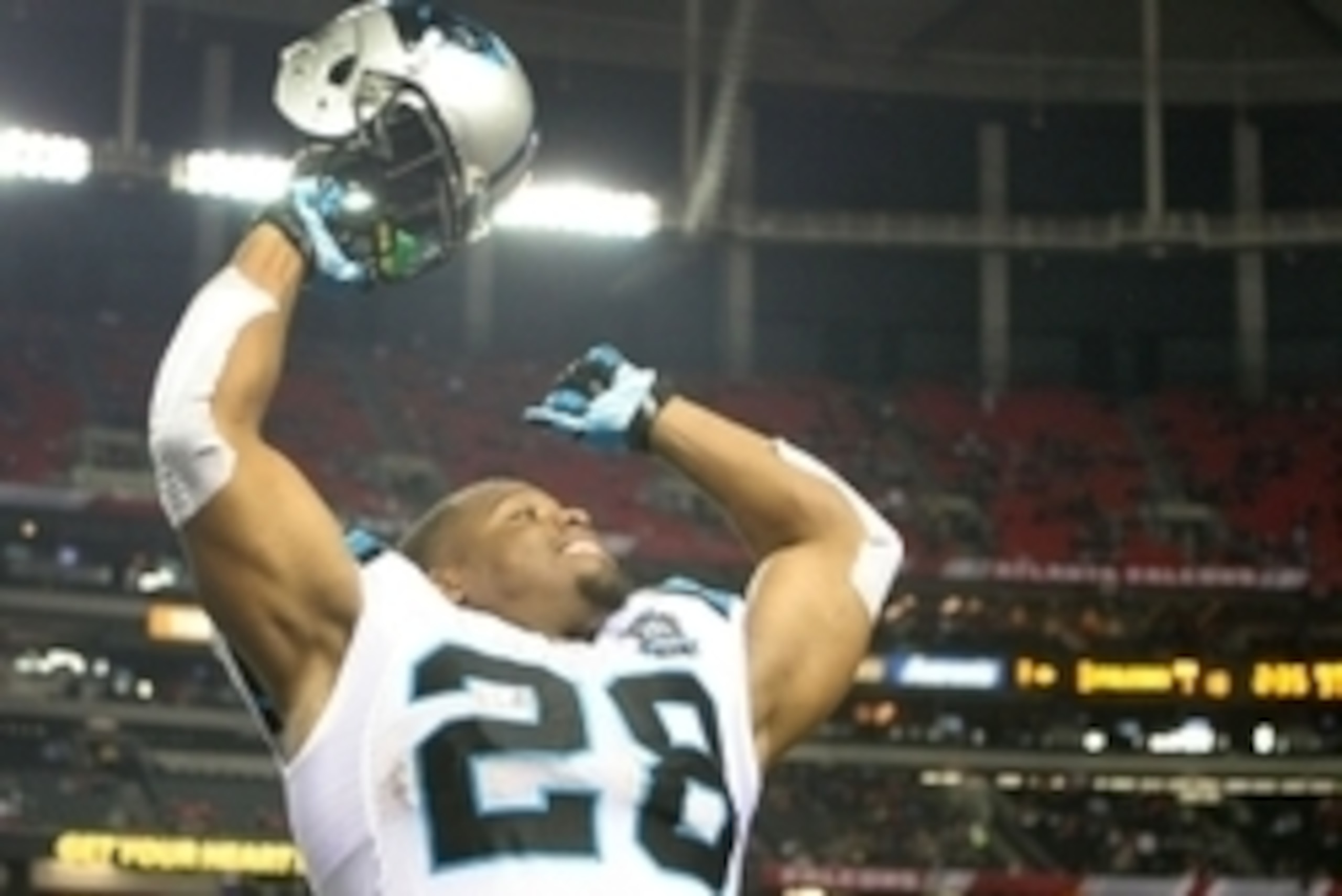 Dec 28, 2014; Atlanta, GA, USA; Carolina Panthers running back Jonathan Stewart (28) reacts in the fourth quarter against the Atlanta Falcons at the Georgia Dome. The Panthers defeated the Falcons 34-3. Mandatory Credit: Brett Davis-USA TODAY Sports