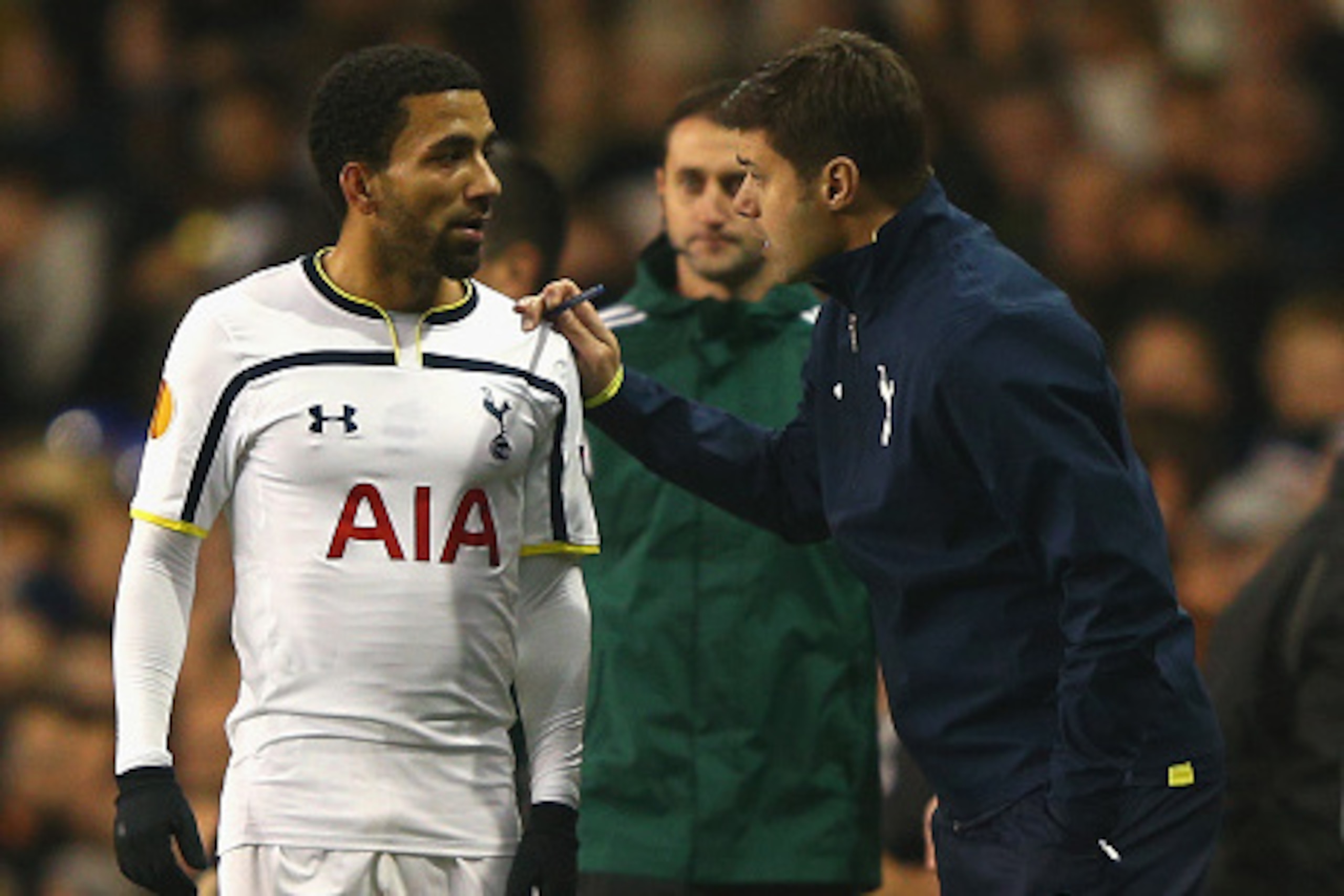 LONDON, ENGLAND - NOVEMBER 27:  Aaron Lennon of Spurs speaks to Manager Mauricio Pochettino of Spurs uring the UEFA Europa League group C match between Tottenham Hotspur FC and FK Partizan at White Hart Lane on November 27, 2014 in London, United Kingdom.