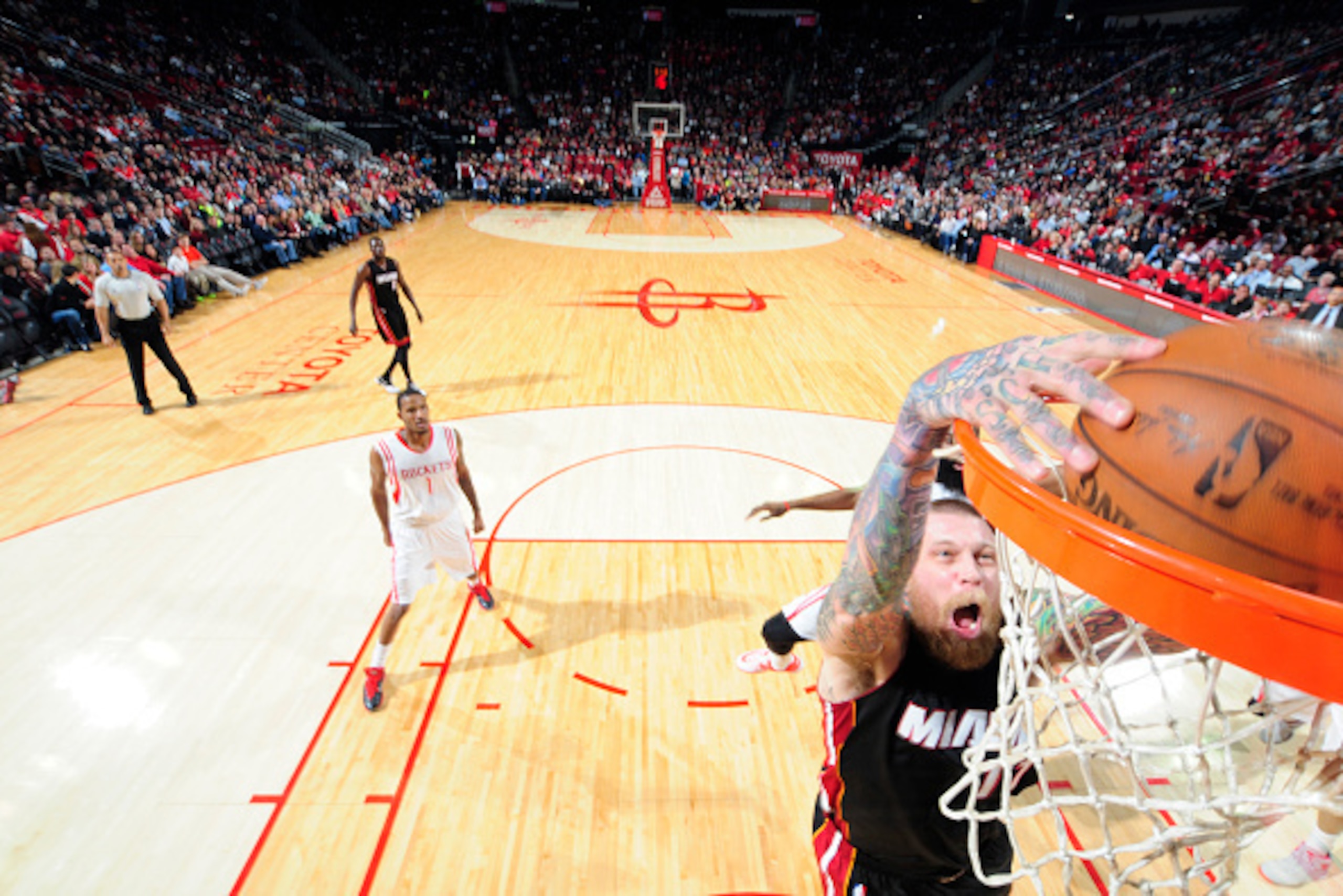 HOUSTON, TX - JANUARY 3: Chris Andersen #11 of the Miami Heat dunks against the Houston Rockets during the game on January 3, 2015 at the Toyota Center in Houston, Texas. NOTE TO USER: User expressly acknowledges and agrees that, by downloading and or usi