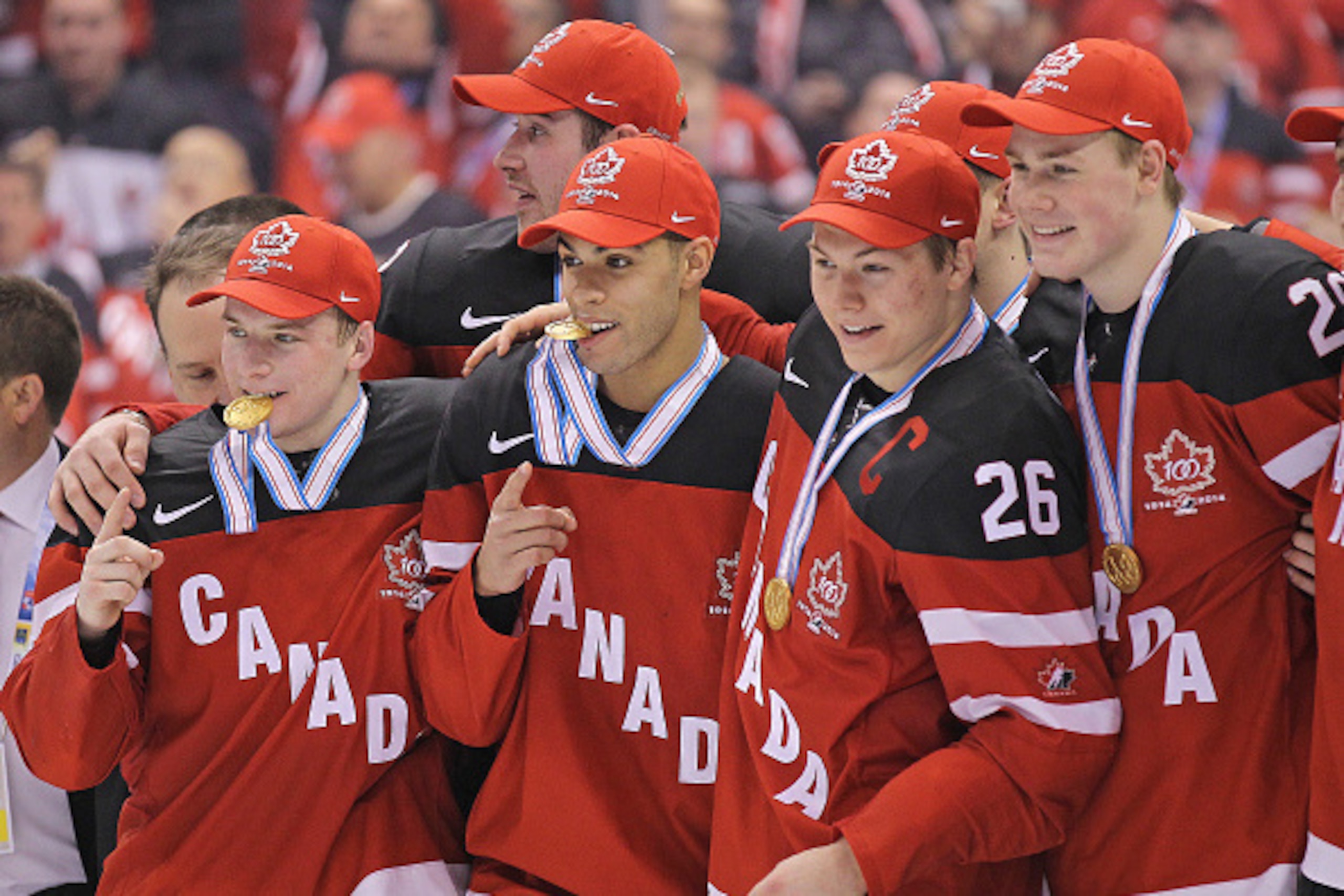 TORONTO, ON - JANUARY 5:  Darnell Nurse #25 and Curtis Lazar #26  lead the celebration after defeating Team Russia in the Gold medal game in the 2015 IIHF World Junior Hockey Championship at the Air Canada Centre on January 5, 2015 in Toronto, Ontario, Ca