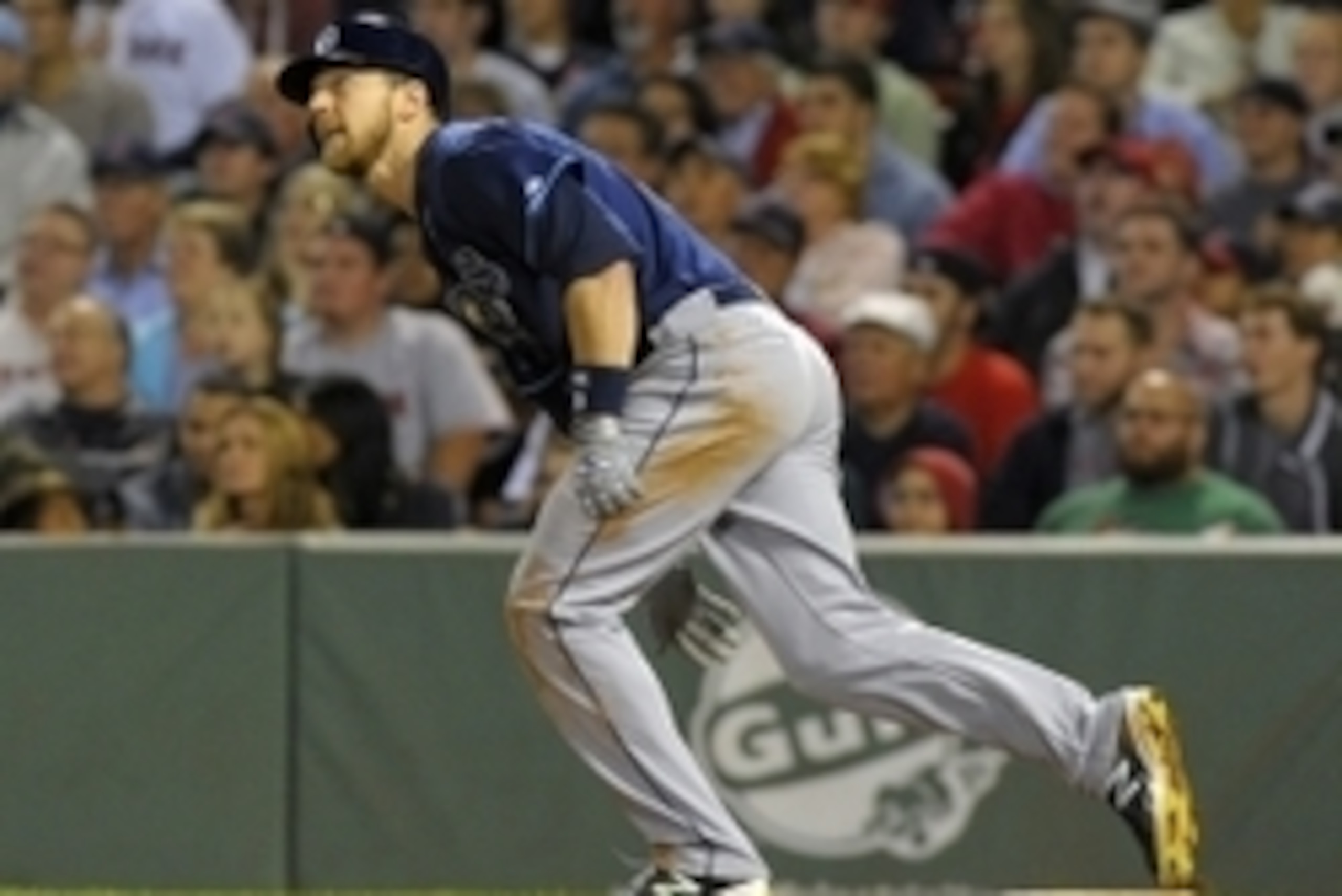 Sep 23, 2014; Boston, MA, USA; Tampa Bay Rays second baseman Ben Zobrist (18) hits an RBI double during the eighth inning against the Boston Red Sox at Fenway Park. Mandatory Credit: Bob DeChiara-USA TODAY Sports