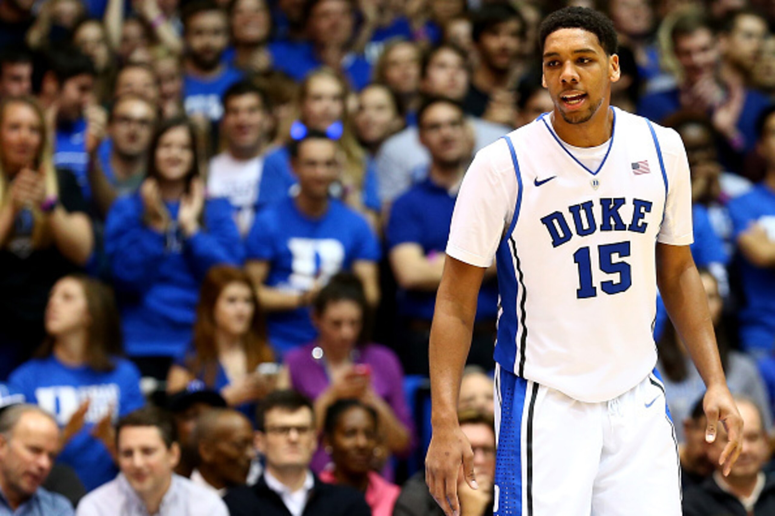 DURHAM, NC - DECEMBER 15:  Jahlil Okafor #15 of the Duke Blue Devils during their game at Cameron Indoor Stadium on December 15, 2014 in Durham, North Carolina.  (Photo by Streeter Lecka/Getty Images)