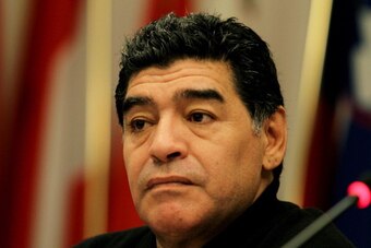 ROME, ITALY - FEBRUARY 14:  Diego Maradona speaks to the media about his ongoing legal dispute with the Italian Tax authorities during a press conference at the European Union office on February 14, 2014 in Rome, Italy. The former footballer is accused of