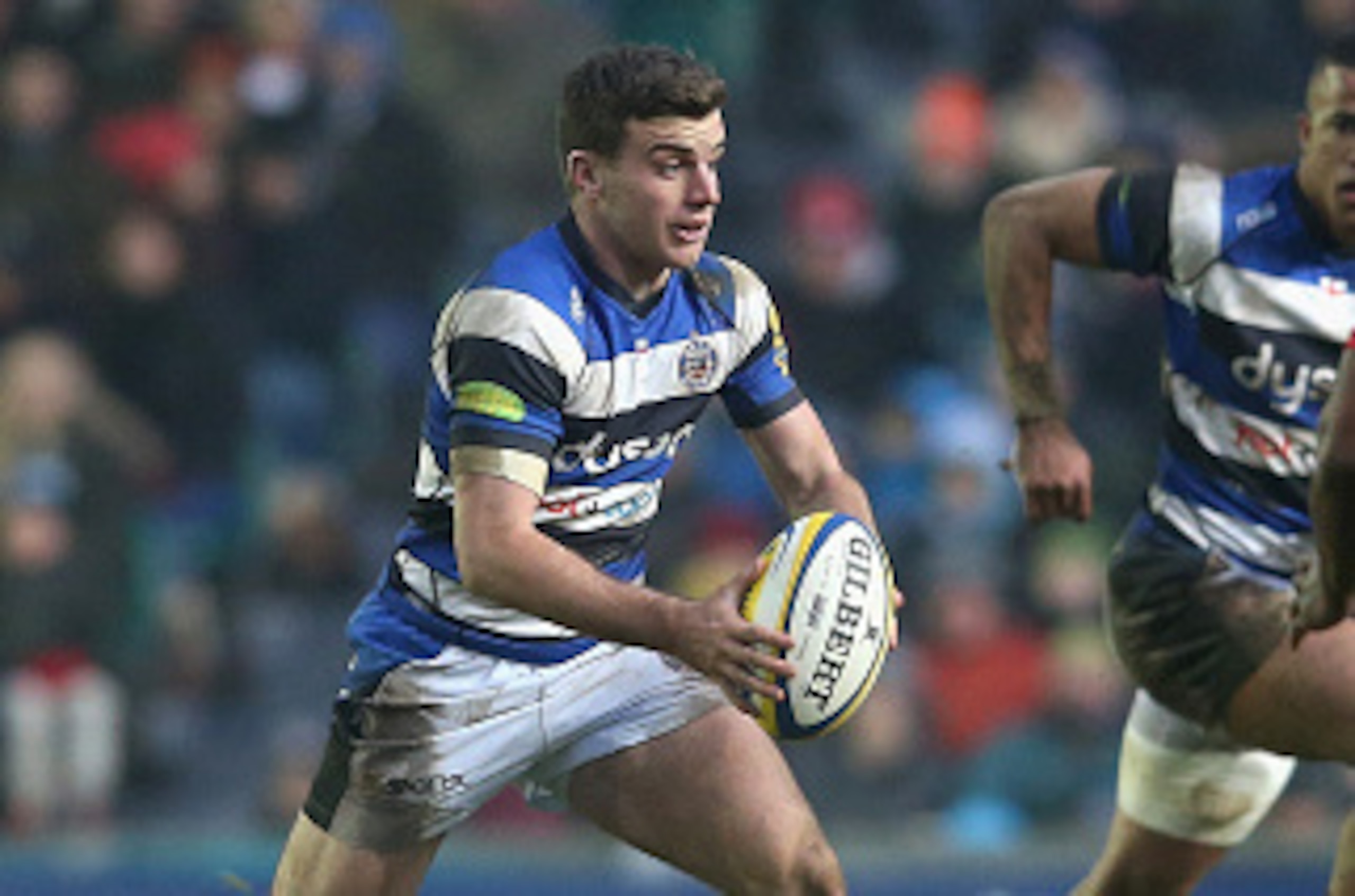 LEICESTER, ENGLAND - JANUARY 04:  George Ford of Bath runs with the ball during the Aviva Premiership match between Leicester Tigers and Bath at Welford Road on January 4, 2015 in Leicester, England.  (Photo by David Rogers/Getty Images)
